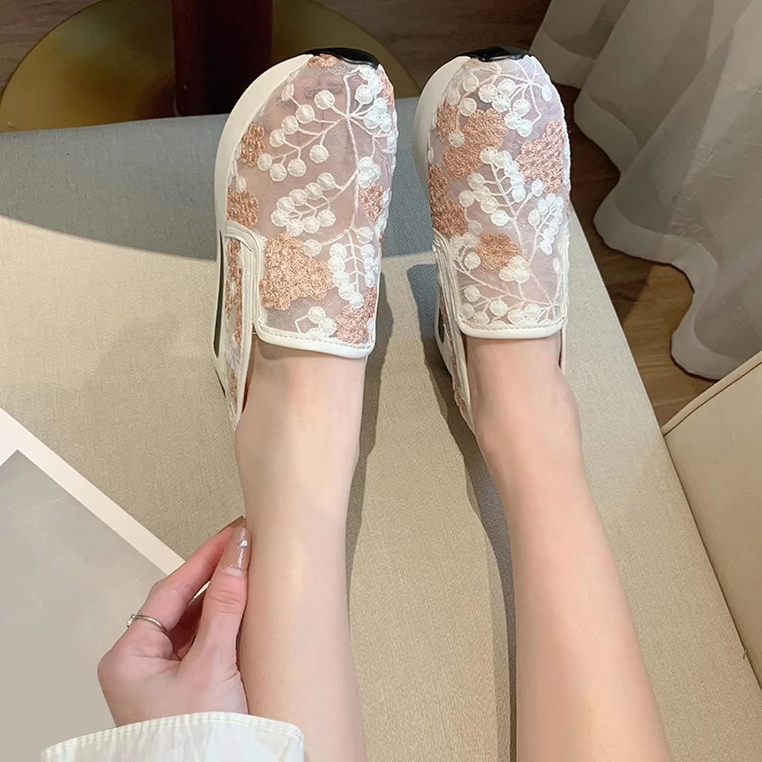 Hbeylia Platform Wedge Fashion Sneakers for Women Embroidery Floral Mesh Air Lace Chunky Sole Hidden High Heels Slip On Loafers Walking Work Shoes Arch Support Low Top Play Sneakers Loafers