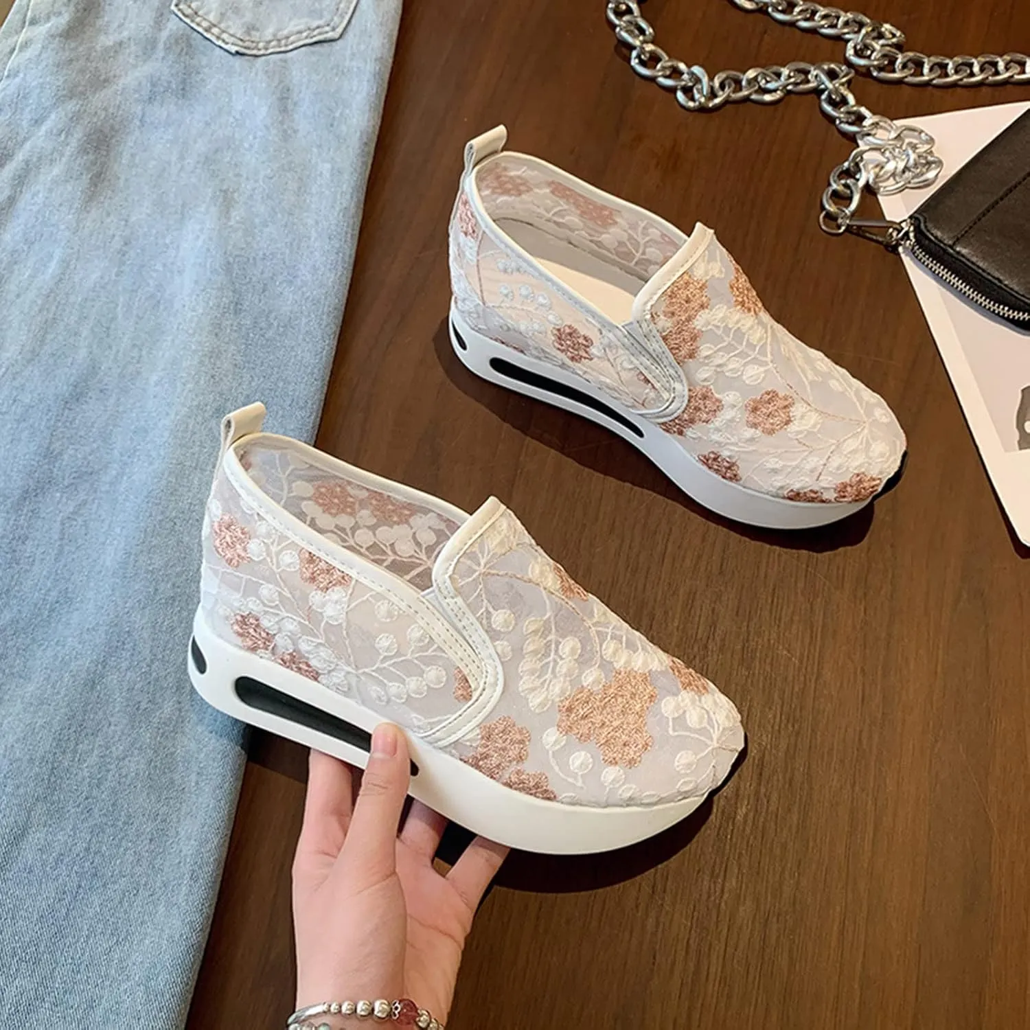 Hbeylia Platform Wedge Fashion Sneakers for Women Embroidery Floral Mesh Air Lace Chunky Sole Hidden High Heels Slip On Loafers Walking Work Shoes Arch Support Low Top Play Sneakers Loafers