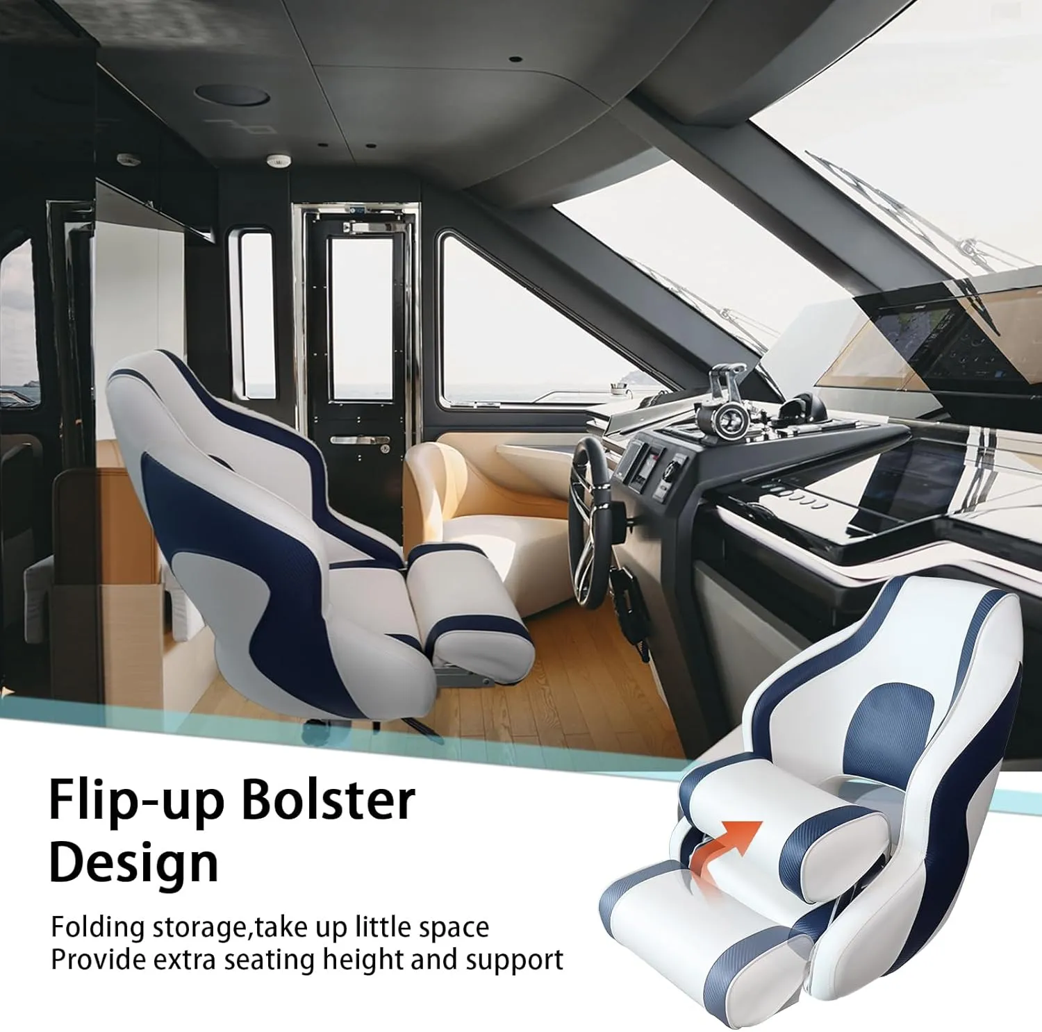 High Back Boat Seats Premium Sports Flip Up Captains Bucket Seat with Armrests,White and Blue
