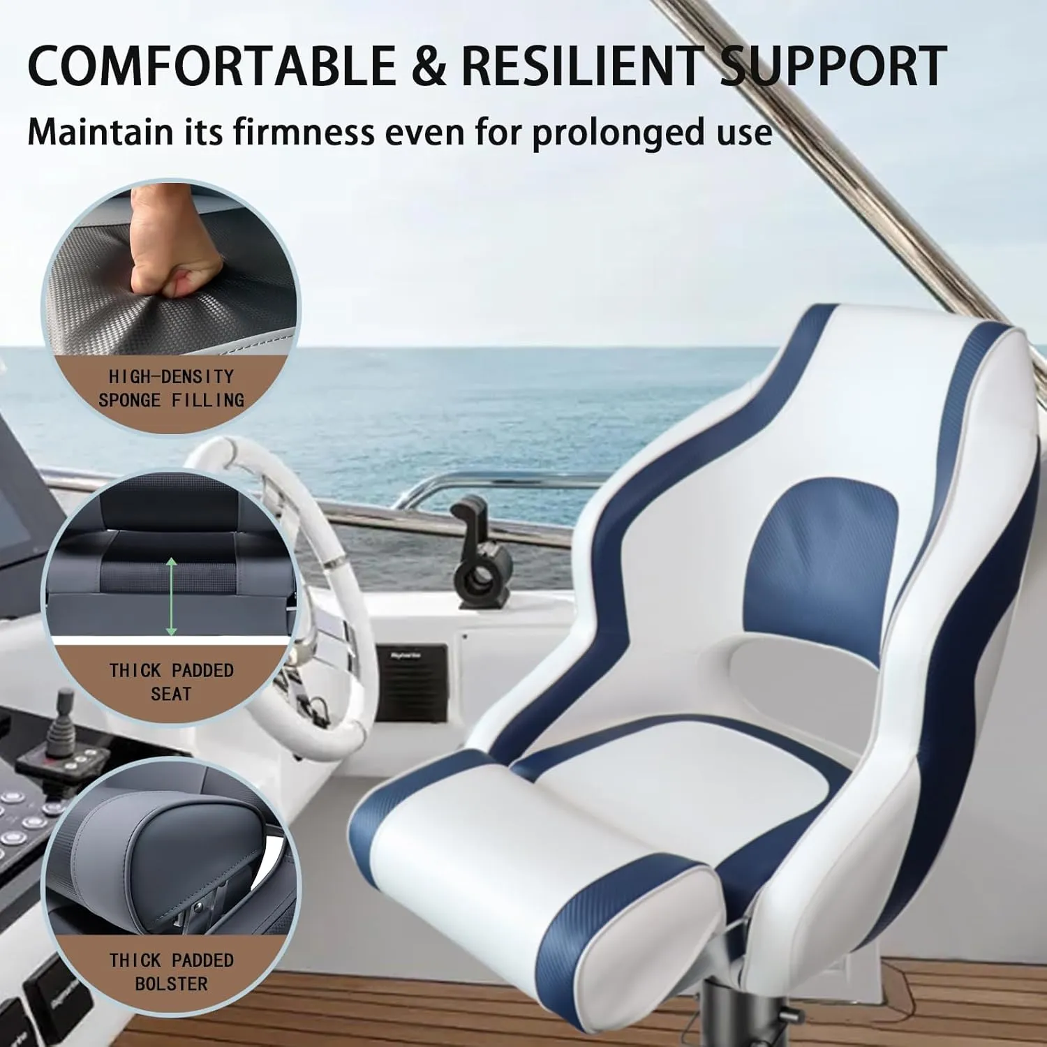 High Back Boat Seats Premium Sports Flip Up Captains Bucket Seat with Armrests,White and Blue