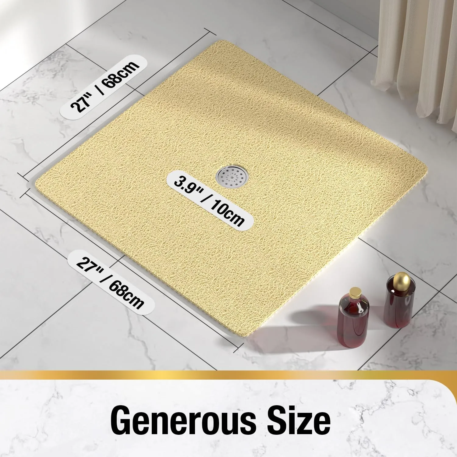 HITSLAM Square Shower Mat, 27 x 27 Inch Non Slip Bath Mat for Tub, Soft PVC Loofah Bathtub Mats with Drain Holes, Quick Drying Bathroom Stall Floor Mat, Bathroom Accessories Without Suction Cup, Beige