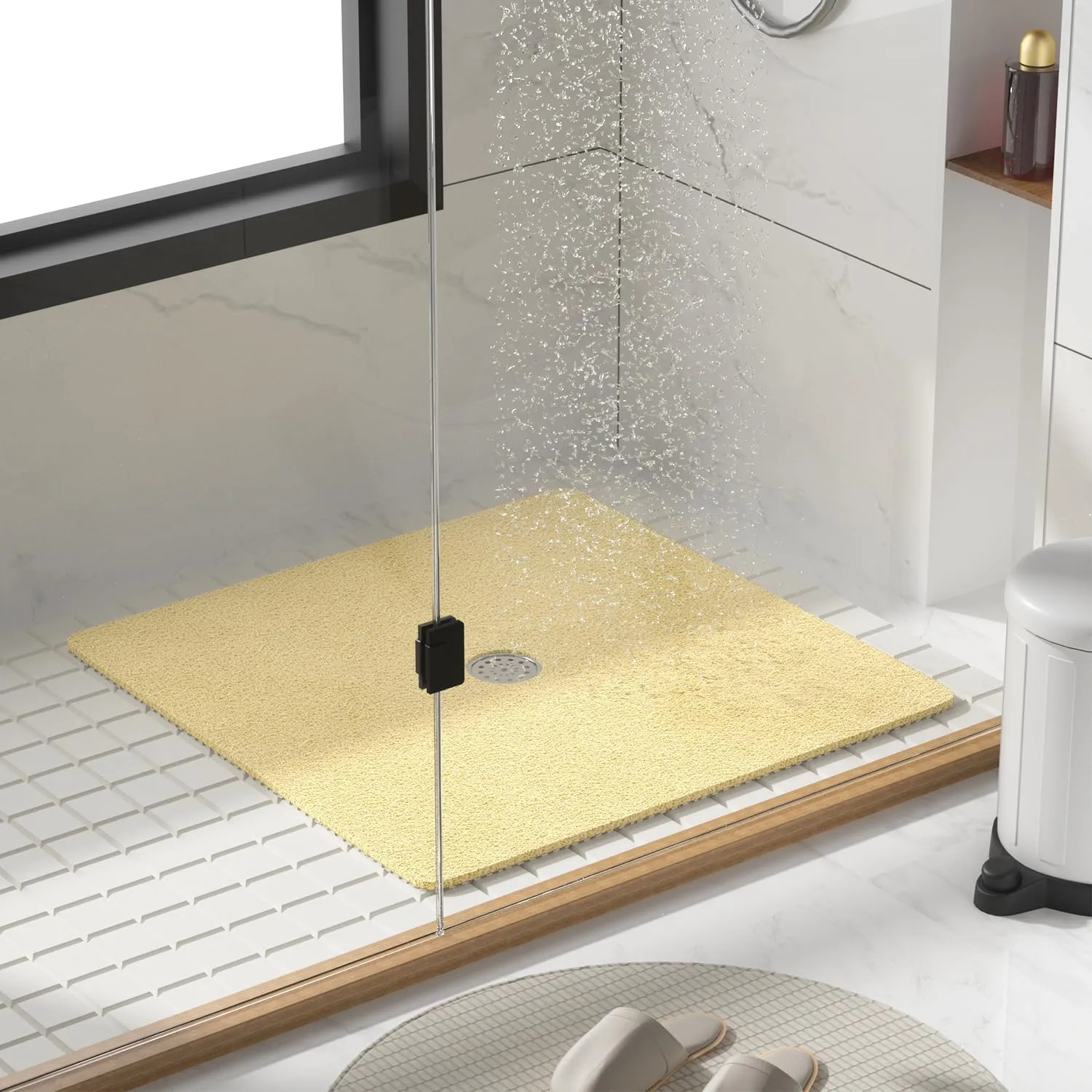 HITSLAM Square Shower Mat, 27 x 27 Inch Non Slip Bath Mat for Tub, Soft PVC Loofah Bathtub Mats with Drain Holes, Quick Drying Bathroom Stall Floor Mat, Bathroom Accessories Without Suction Cup, Beige