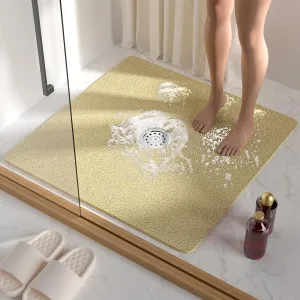 HITSLAM Square Shower Mat, 27 x 27 Inch Non Slip Bath Mat for Tub, Soft PVC Loofah Bathtub Mats with Drain Holes, Quick Drying Bathroom Stall Floor Mat, Bathroom Accessories Without Suction Cup, Beige