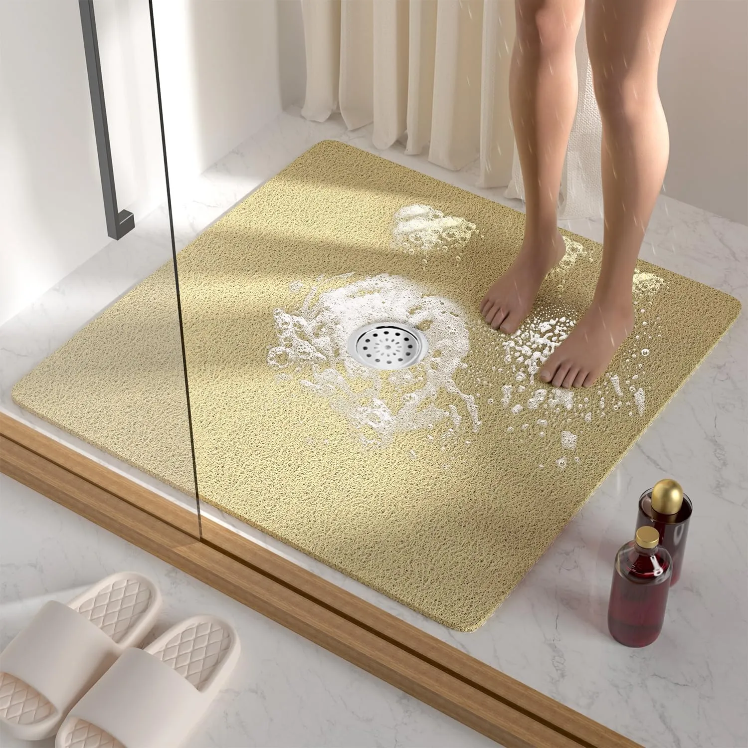 HITSLAM Square Shower Mat, 27 x 27 Inch Non Slip Bath Mat for Tub, Soft PVC Loofah Bathtub Mats with Drain Holes, Quick Drying Bathroom Stall Floor Mat, Bathroom Accessories Without Suction Cup, Beige