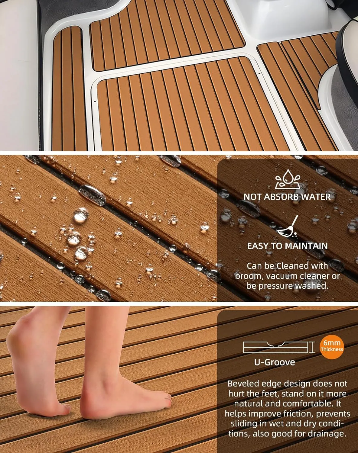 Hjdeck Boat Flooring EVA Foam Boat Decking with 3M Self-Adhesive Backing, Boat Foam Flooring Marine Carpet Faux Teak Sheet for Yacht Fishing Boat Kayak Motorboat RV Floor Helm Pad