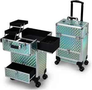 Hododou Blue Rolling Makeup Case with Drawer Travel Trolley Cosmetology Case on Wheel Makeup Storage Salon Barber Case Traveling Cart Trunk for Cosmetologist Nail Tech Hairstylist