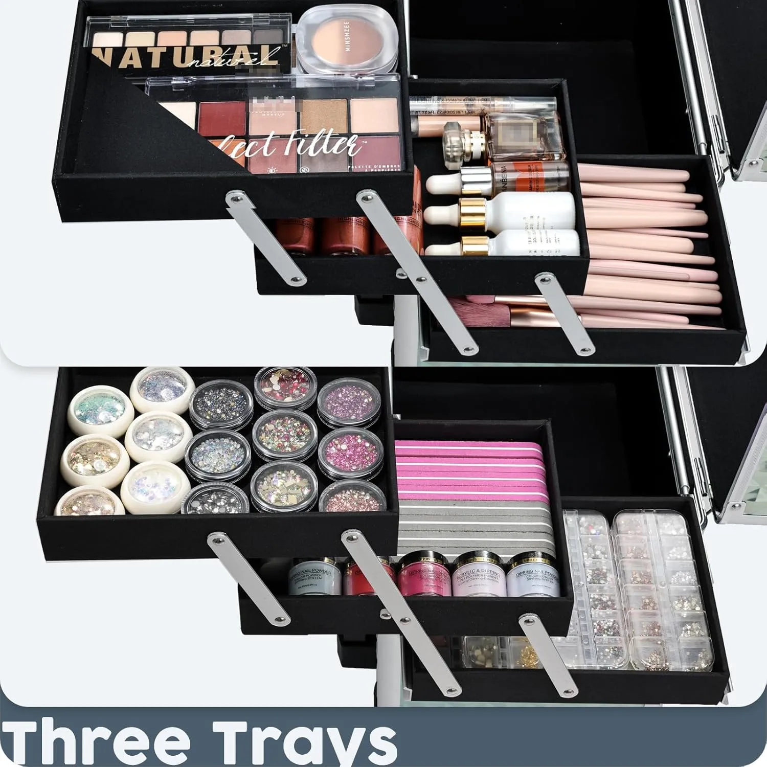 Hododou Blue Rolling Makeup Case with Drawer Travel Trolley Cosmetology Case on Wheel Makeup Storage Salon Barber Case Traveling Cart Trunk for Cosmetologist Nail Tech Hairstylist
