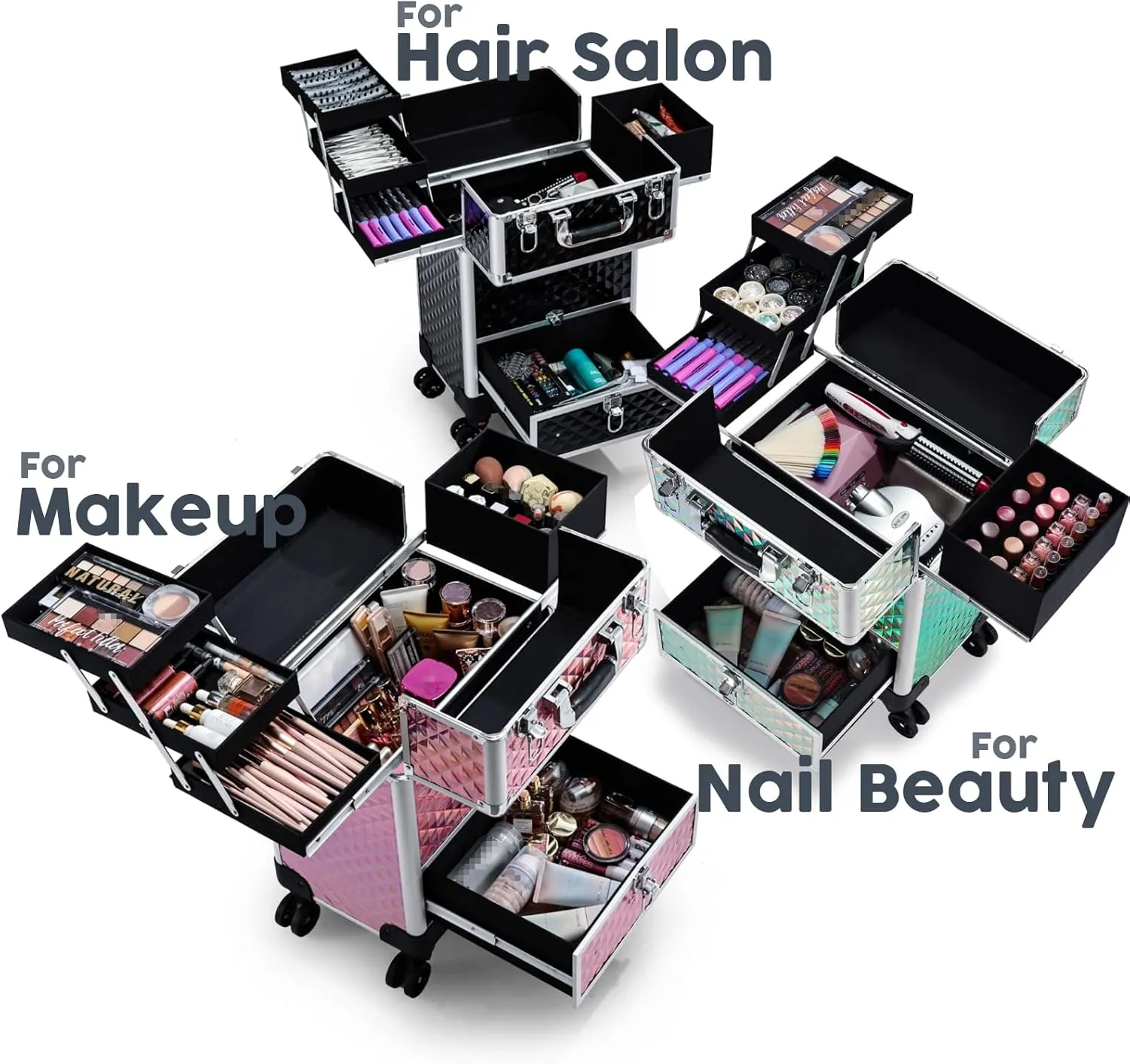 Hododou Blue Rolling Makeup Case with Drawer Travel Trolley Cosmetology Case on Wheel Makeup Storage Salon Barber Case Traveling Cart Trunk for Cosmetologist Nail Tech Hairstylist