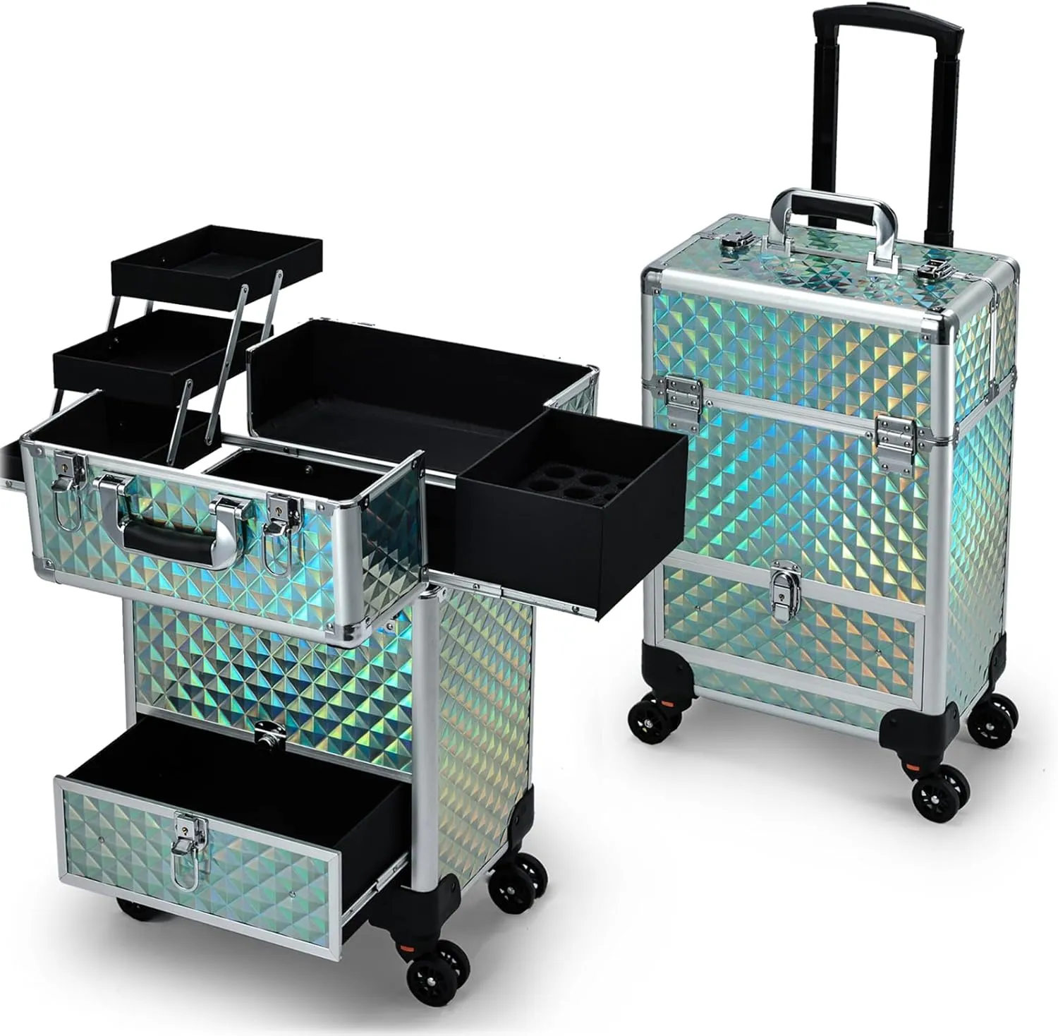 Hododou Blue Rolling Makeup Case with Drawer Travel Trolley Cosmetology Case on Wheel Makeup Storage Salon Barber Case Traveling Cart Trunk for Cosmetologist Nail Tech Hairstylist