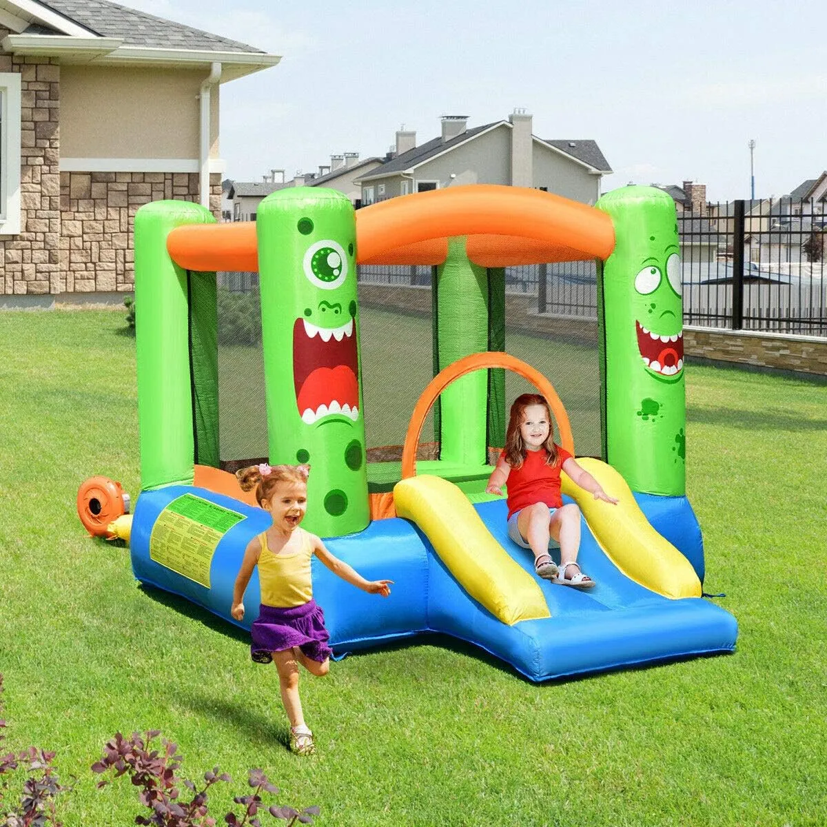 HONEY JOY Inflatable Bounce House, Blow up Moon Bounce for Kids w/Slide & Giant Bouncing Area, Oxford Carry Bag, Stakes, Indoor Outdoor Jumping Bouncy Castle for Backyard Playground (Without Blower)