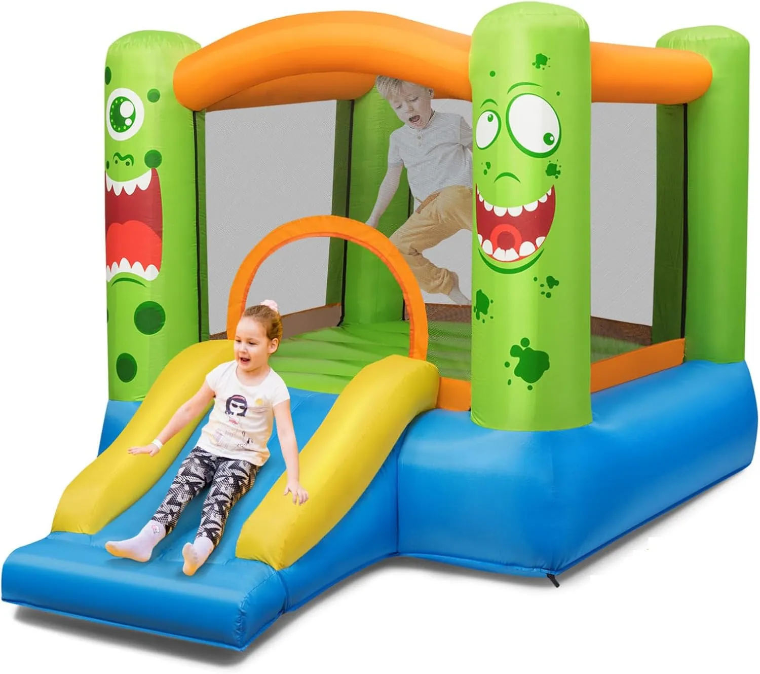 HONEY JOY Inflatable Bounce House, Blow up Moon Bounce for Kids w/Slide & Giant Bouncing Area, Oxford Carry Bag, Stakes, Indoor Outdoor Jumping Bouncy Castle for Backyard Playground (Without Blower)