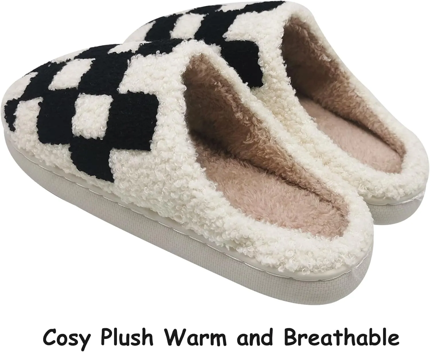 House Slippers for Women Men, Plush Warm Fuzzy Slippers, Cozy Memory Foam Checkered Slippers, Bedroom Indoor Outdoor Slip on Plaid Shoes with Fur