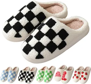 House Slippers for Women Men, Plush Warm Fuzzy Slippers, Cozy Memory Foam Checkered Slippers, Bedroom Indoor Outdoor Slip on Plaid Shoes with Fur