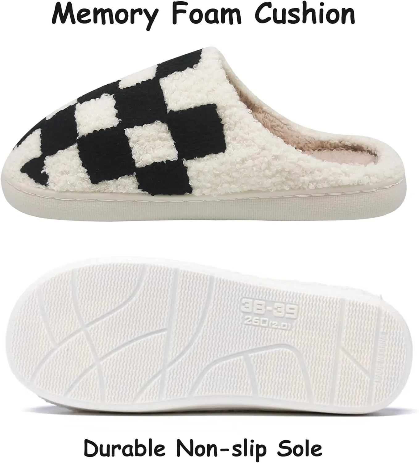 House Slippers for Women Men, Plush Warm Fuzzy Slippers, Cozy Memory Foam Checkered Slippers, Bedroom Indoor Outdoor Slip on Plaid Shoes with Fur
