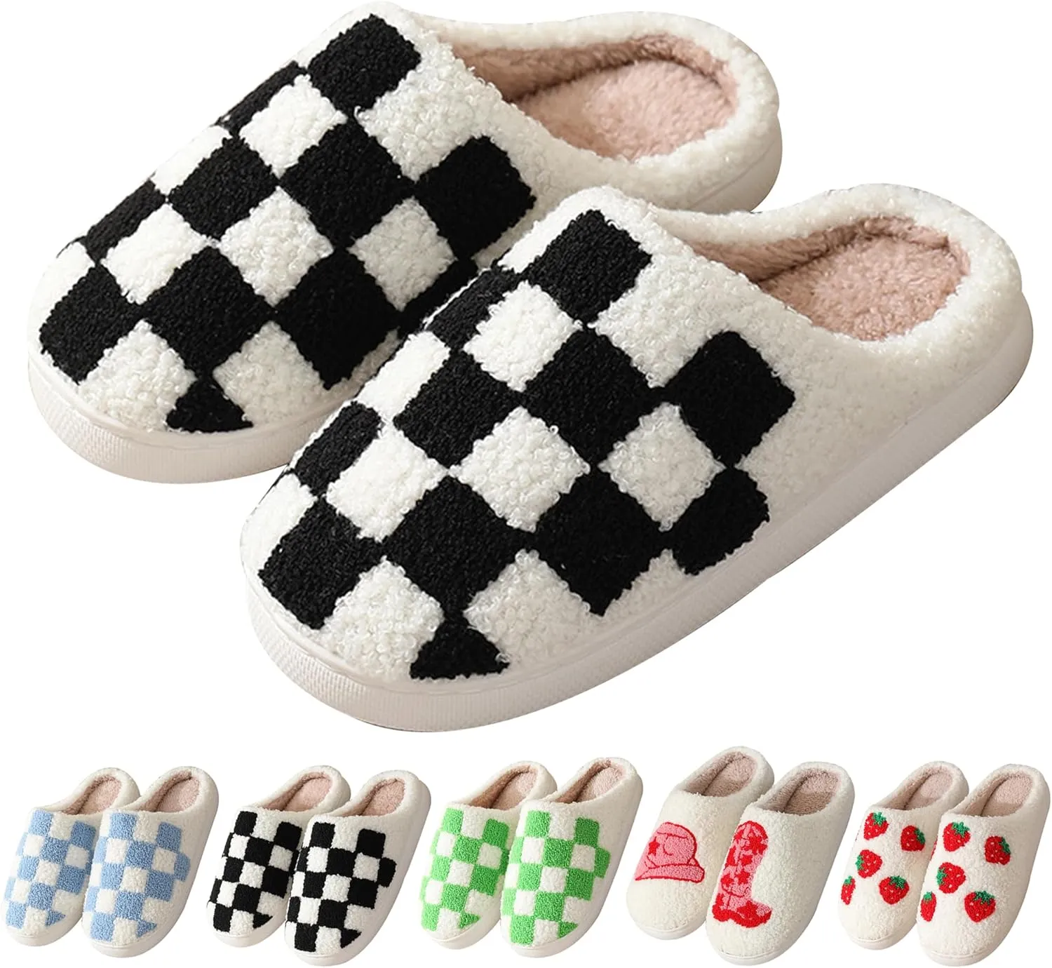 House Slippers for Women Men, Plush Warm Fuzzy Slippers, Cozy Memory Foam Checkered Slippers, Bedroom Indoor Outdoor Slip on Plaid Shoes with Fur