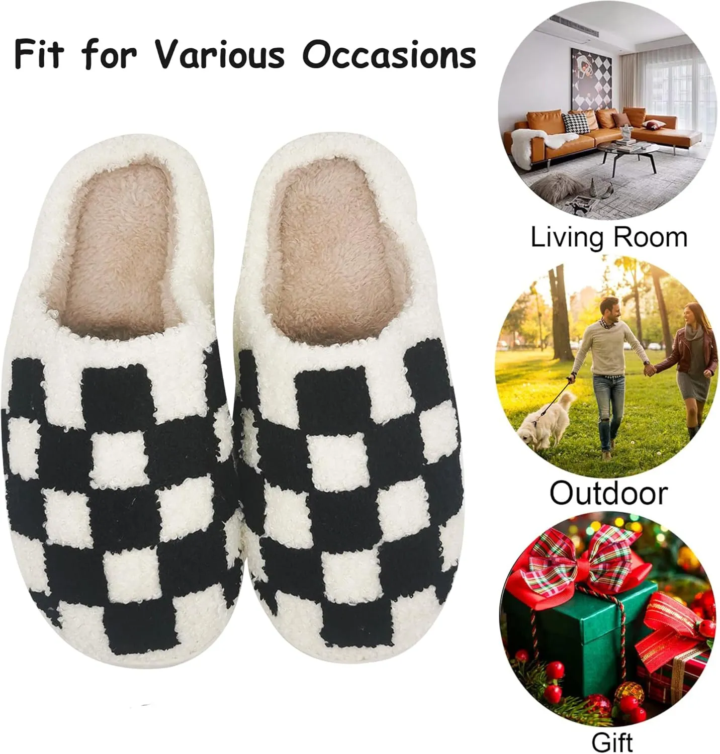 House Slippers for Women Men, Plush Warm Fuzzy Slippers, Cozy Memory Foam Checkered Slippers, Bedroom Indoor Outdoor Slip on Plaid Shoes with Fur