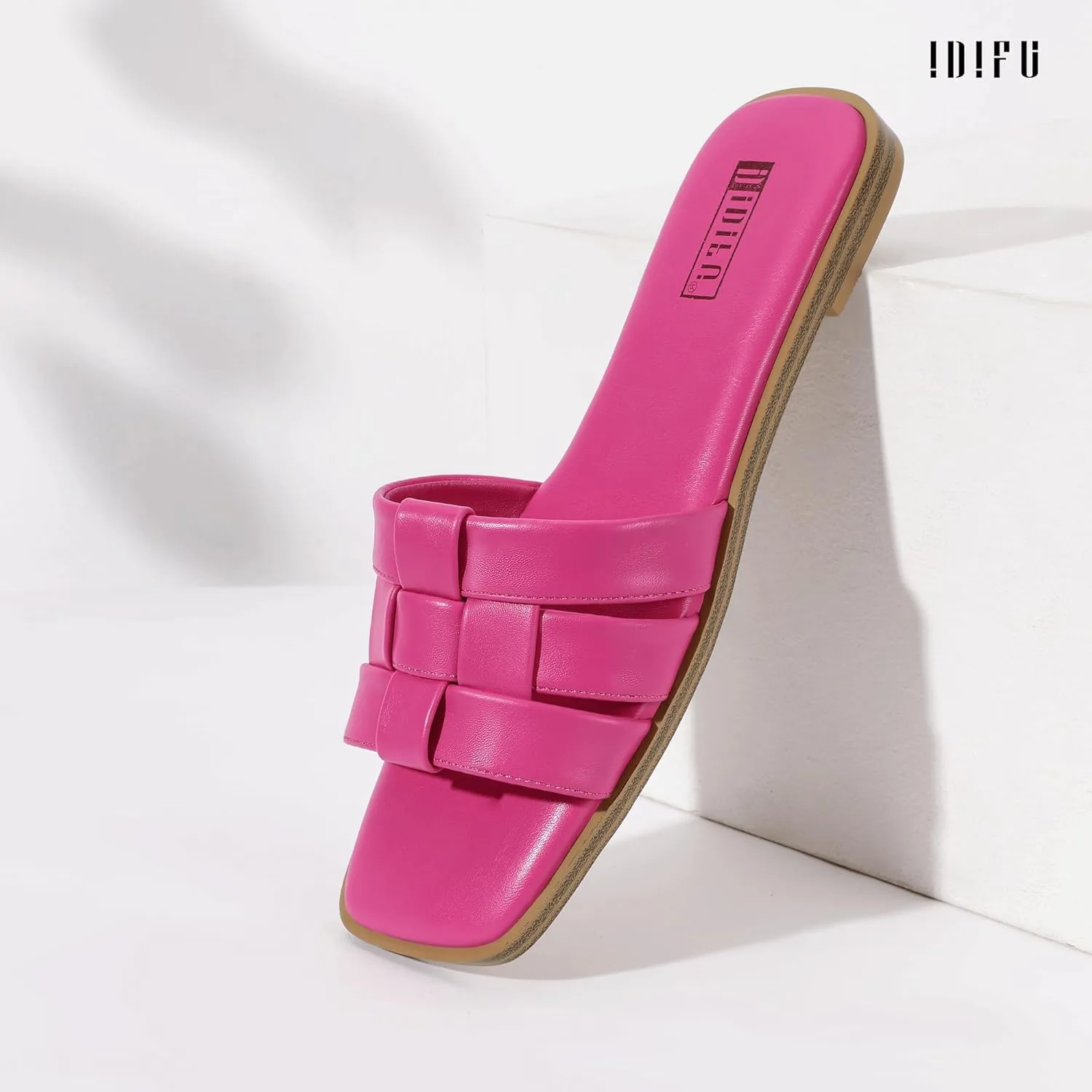 IDIFU Braided Flat Sandals for Women Square Open Toe Slip On Slide Sandals Backless Strappy Dress Sandals for Ladies Brides Summer Beach Wedding Dressy Casual Comfortable Trendy Cute Slides Sandals