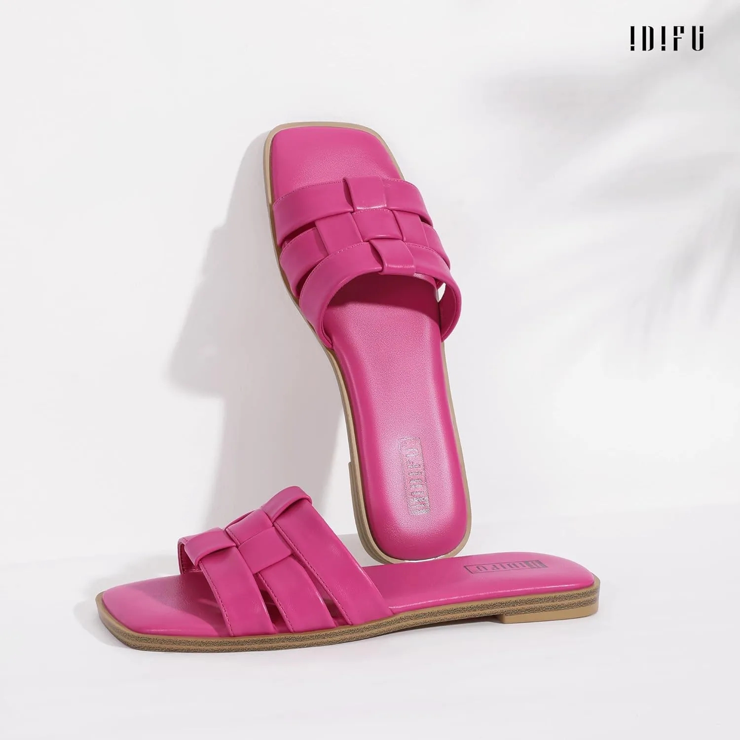 IDIFU Braided Flat Sandals for Women Square Open Toe Slip On Slide Sandals Backless Strappy Dress Sandals for Ladies Brides Summer Beach Wedding Dressy Casual Comfortable Trendy Cute Slides Sandals