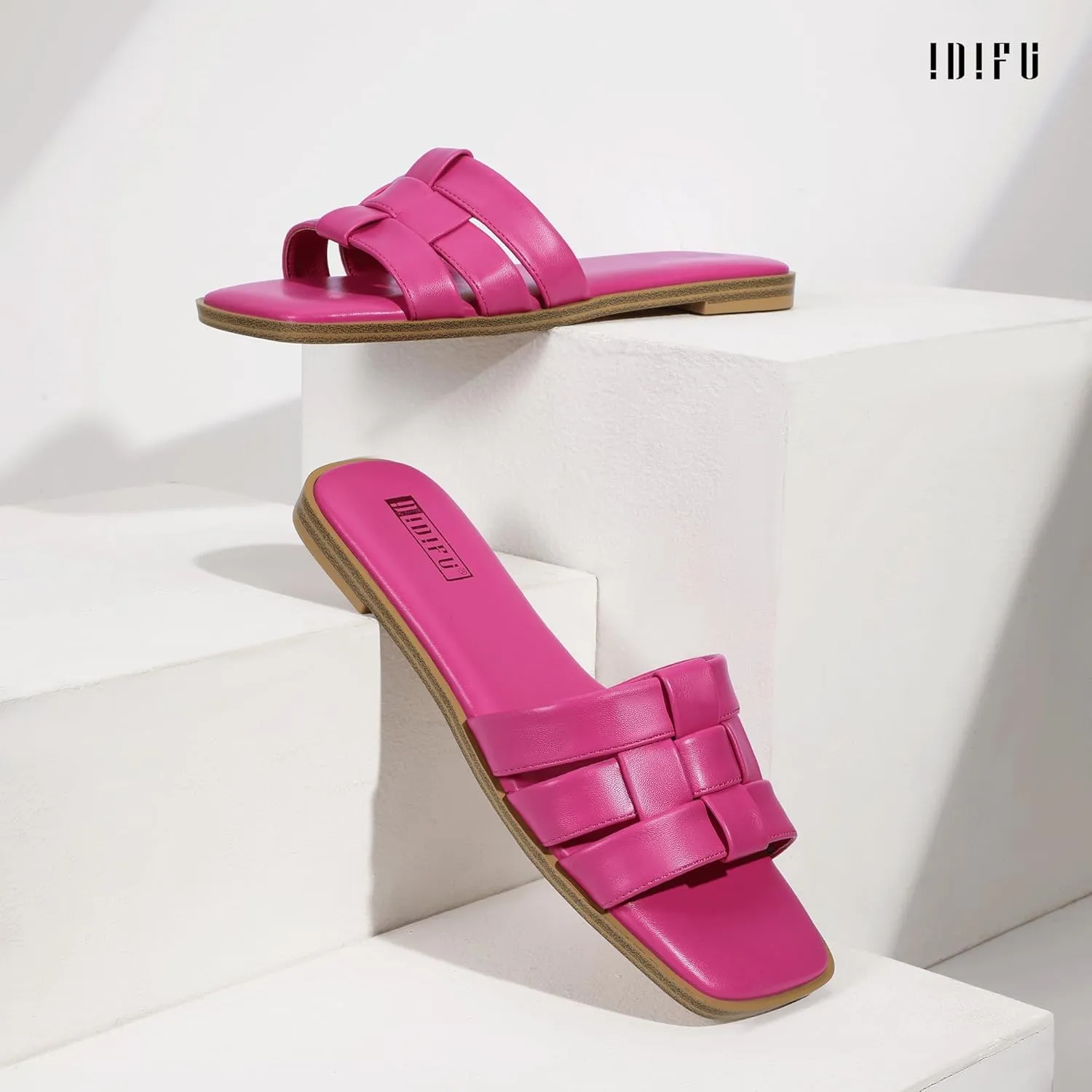 IDIFU Braided Flat Sandals for Women Square Open Toe Slip On Slide Sandals Backless Strappy Dress Sandals for Ladies Brides Summer Beach Wedding Dressy Casual Comfortable Trendy Cute Slides Sandals