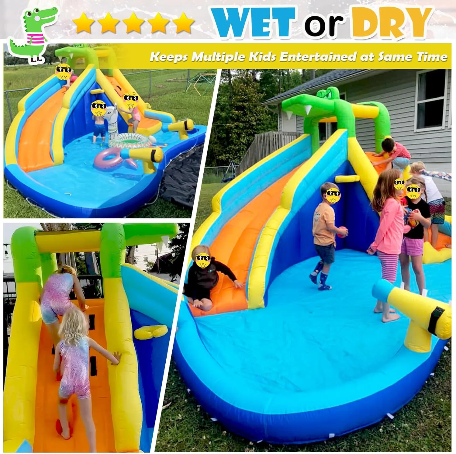 Inflatable Water Slide for Kids 8in1 Water Park 158x138x89in Waterslide Inflatables with 450W Blower 2 Cannons Climbing Wall Splash Pool Crocodile Sprinkler Blow up Water Slides for Kids Backyard Fun