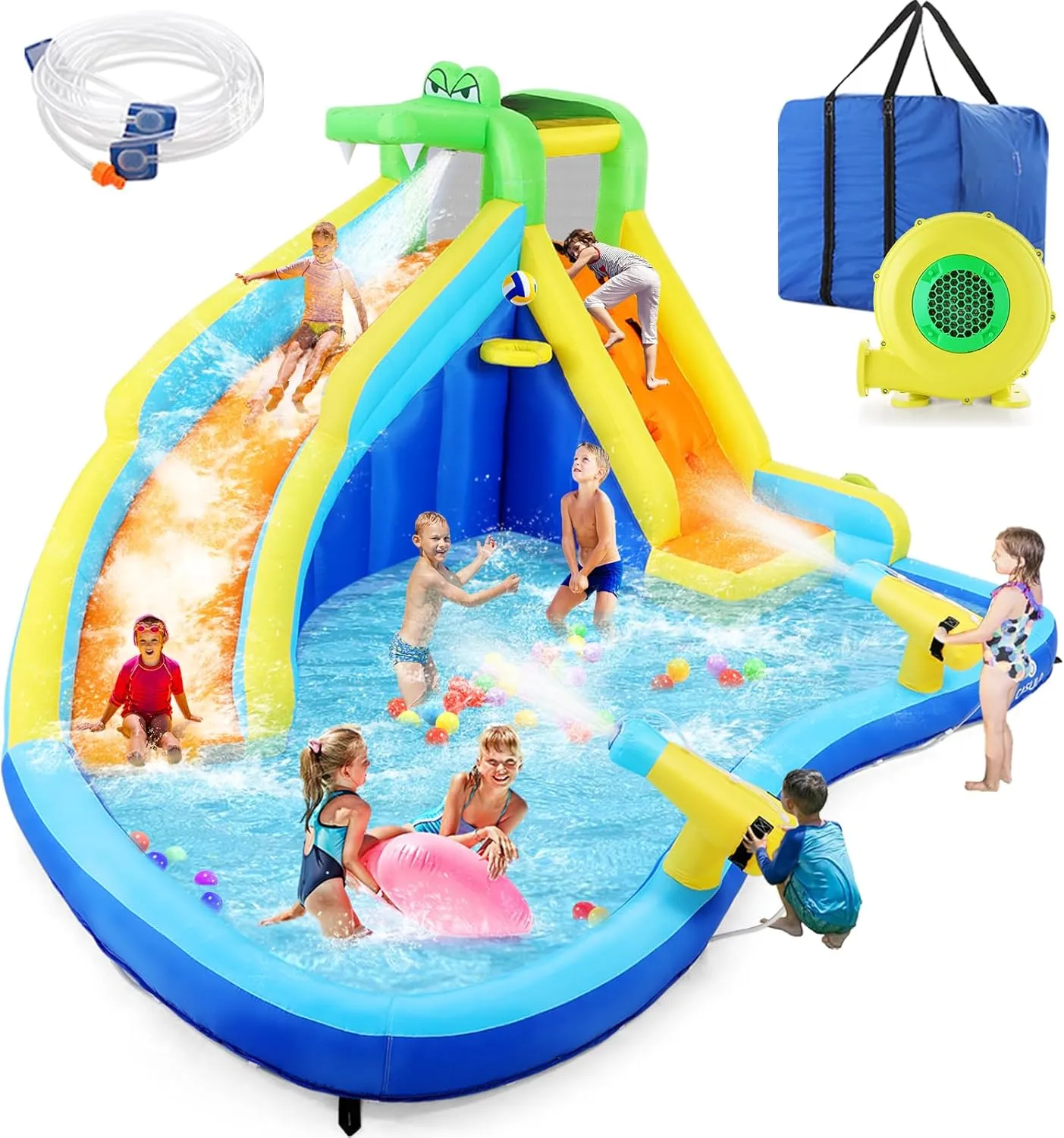 Inflatable Water Slide for Kids 8in1 Water Park 158x138x89in Waterslide Inflatables with 450W Blower 2 Cannons Climbing Wall Splash Pool Crocodile Sprinkler Blow up Water Slides for Kids Backyard Fun