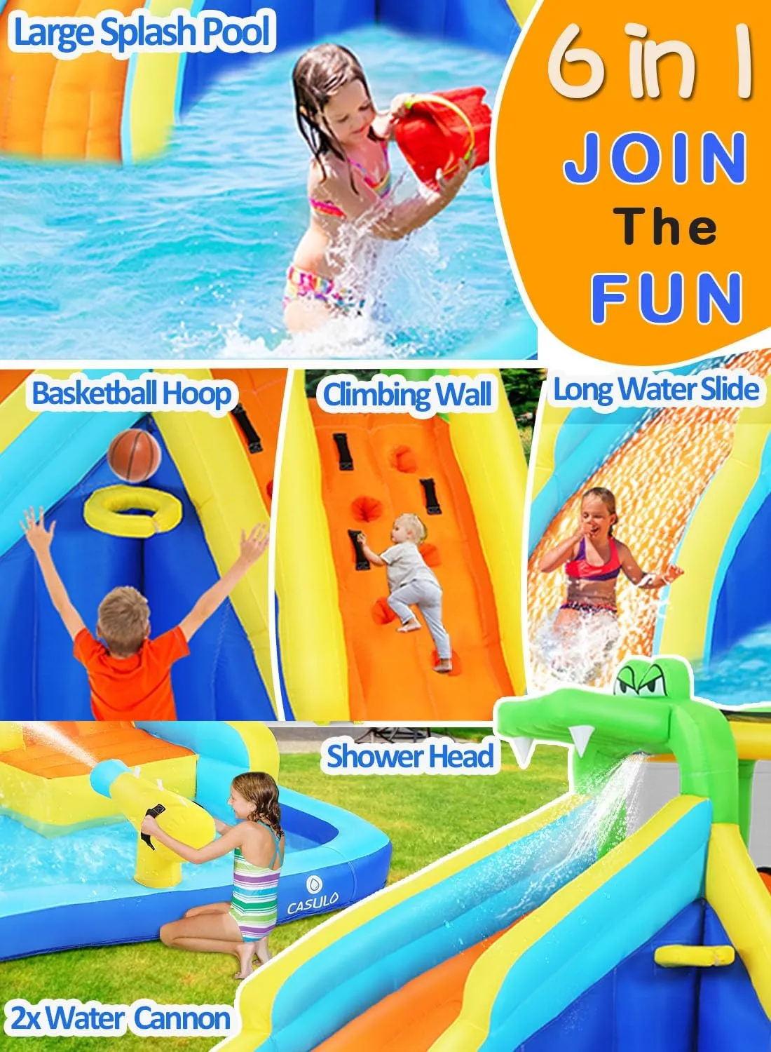 Inflatable Water Slide for Kids 8in1 Water Park 158x138x89in Waterslide Inflatables with 450W Blower 2 Cannons Climbing Wall Splash Pool Crocodile Sprinkler Blow up Water Slides for Kids Backyard Fun