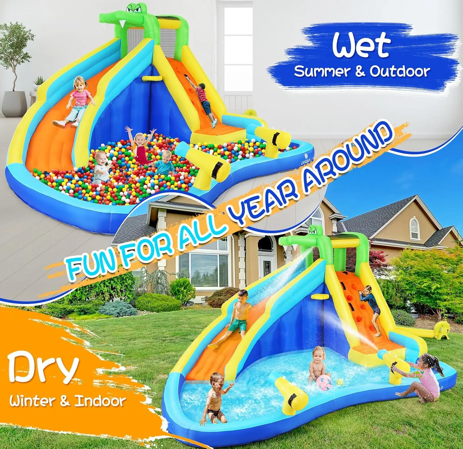 Inflatable Water Slide for Kids 8in1 Water Park 158x138x89in Waterslide Inflatables with 450W Blower 2 Cannons Climbing Wall Splash Pool Crocodile Sprinkler Blow up Water Slides for Kids Backyard Fun