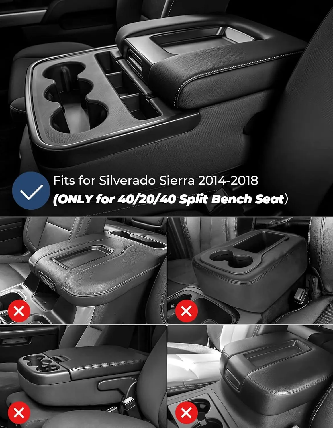 ISSYAUTO Center Console Cover Compatible with Silverado Sierra 2014-2018 with 40/20/40 Jump Seat Leather Armrest Cover (ONLY for Split Bench Seat Console)