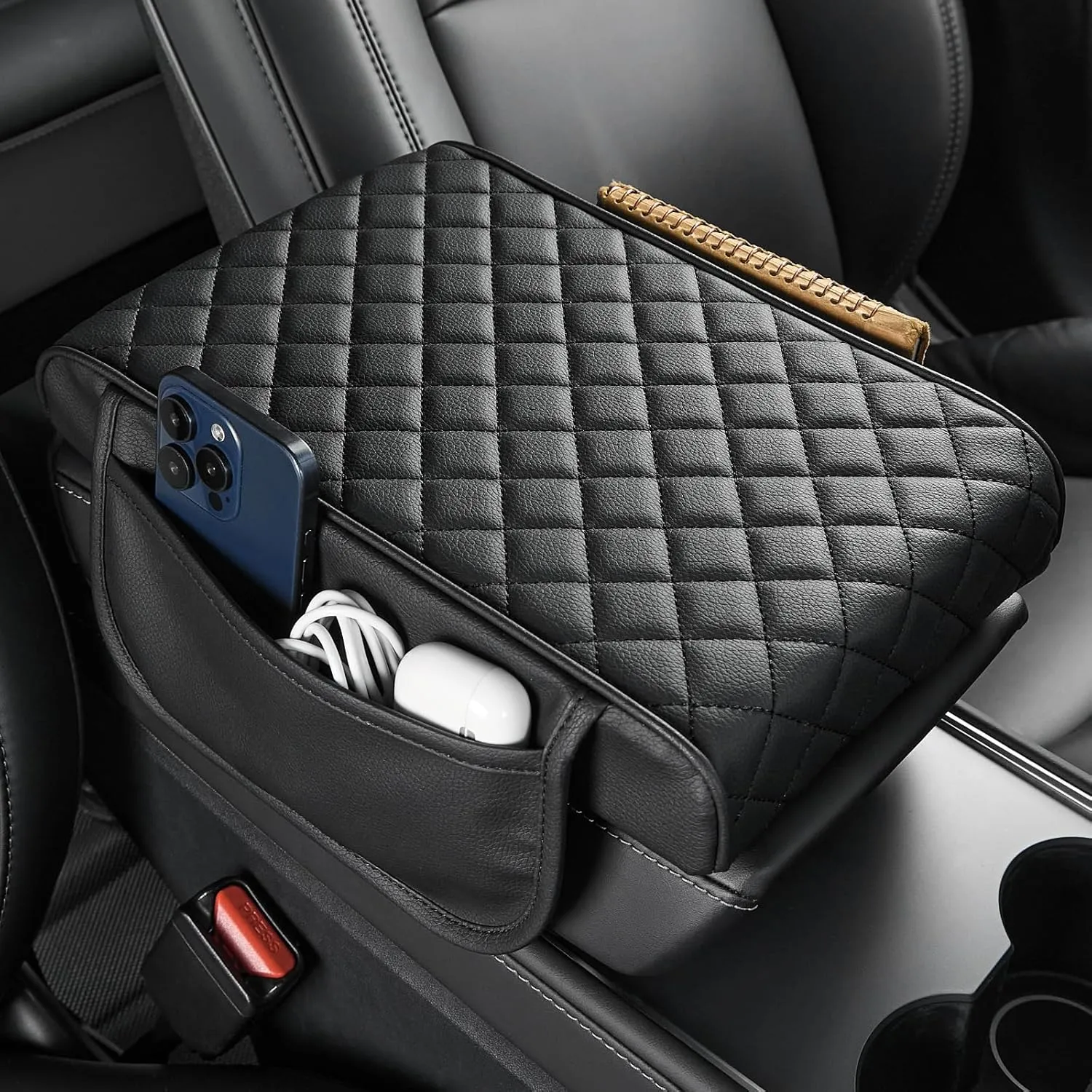 JOYTUTUS Universal Center Console Cover, PU Leather Arm Rest Pad with Storage Bag, Middle Console Protector for SUV Sedan Truck, ‎12.6" x 7.8" x 2.16"