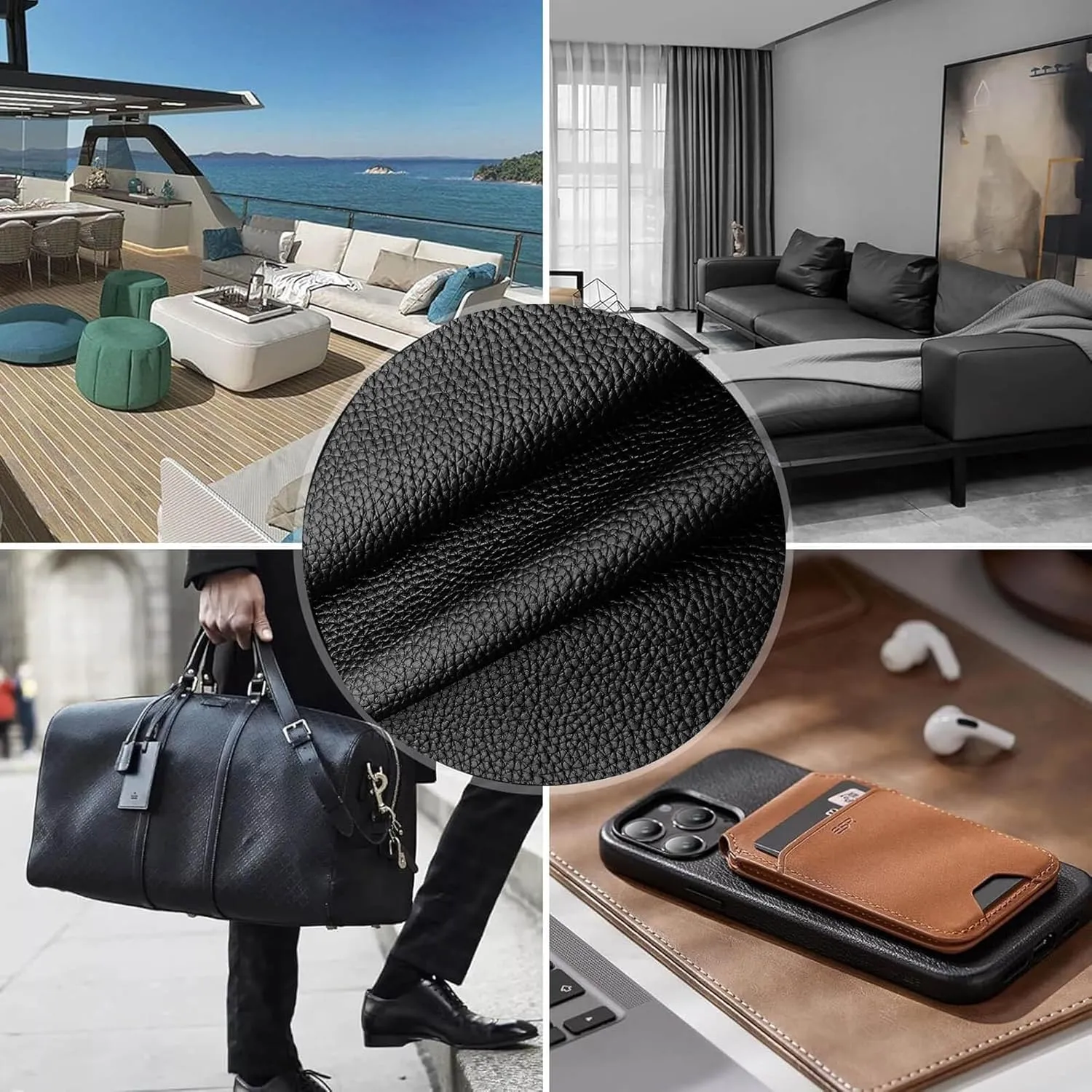 K-Musculo Vinyl Fabric, Marine Faux Leather Upholstery, for Upholstery Crafts, DIY Sewings, Sofa, Handbag, Earrings, Hair Bows Decorations (Black 54'' X 36'' inch 1YD) Big Lychee Grain