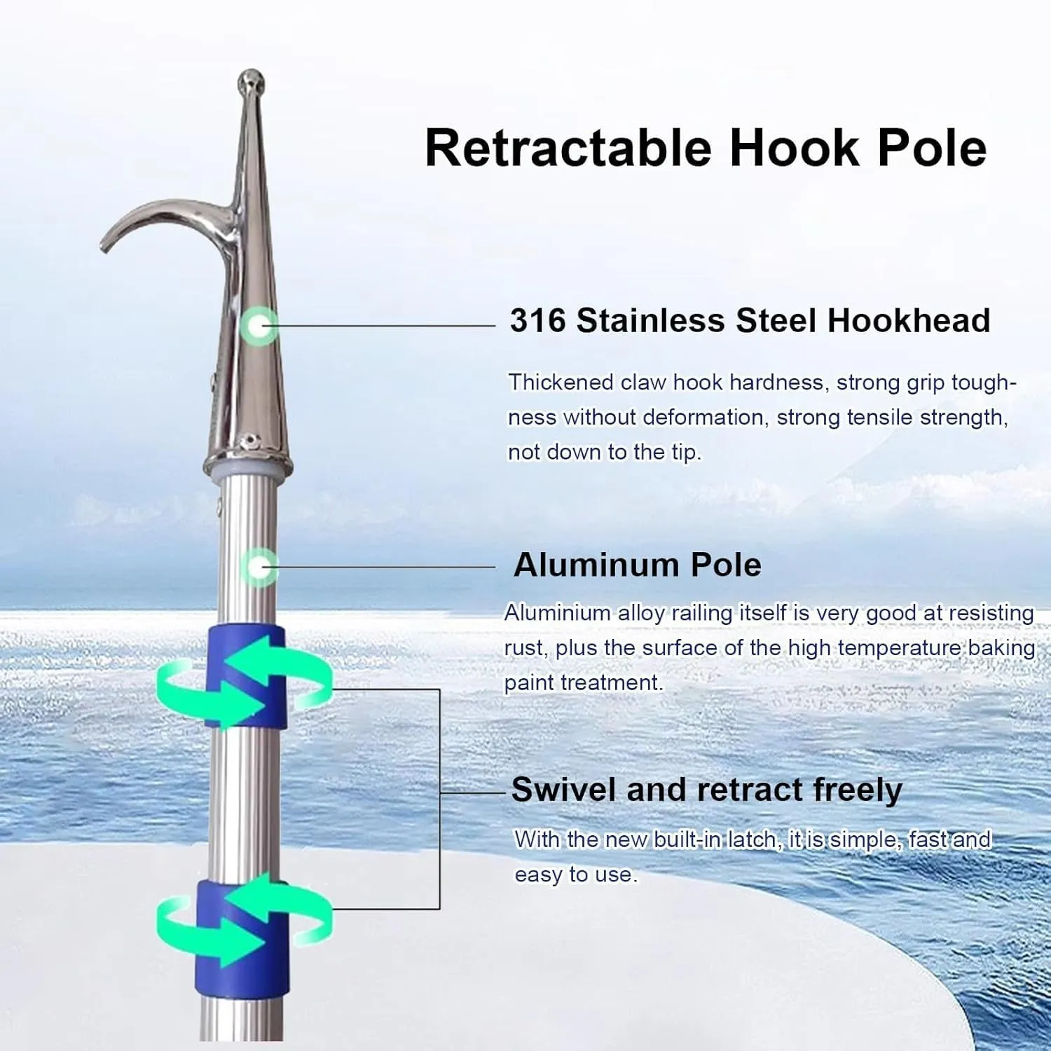 Katzowen 2Pcs Boat Telescoping Pole with Hook, Lenght Adjustable Docking Hooks Rod for Water Rescue/Cargo Pushing and Pulling, ﻿Protable Rescuing Grabber Reacher Tool