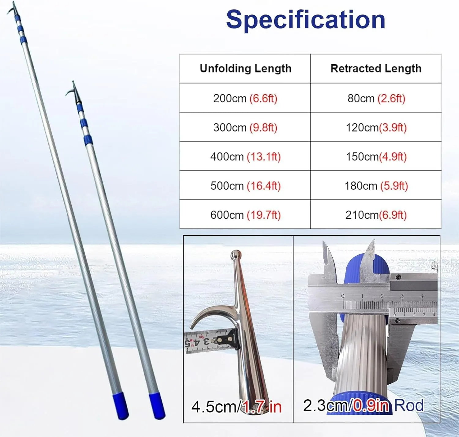 Katzowen 2Pcs Boat Telescoping Pole with Hook, Lenght Adjustable Docking Hooks Rod for Water Rescue/Cargo Pushing and Pulling, ﻿Protable Rescuing Grabber Reacher Tool