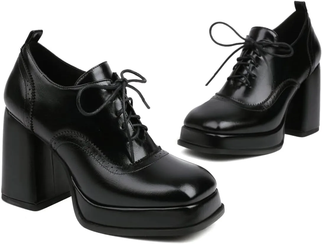 KISSASA Vintage Platform Chunky Oxford Shoes Wingtip Lace Up Heeled Brogues