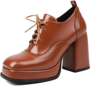 KISSASA Vintage Platform Chunky Oxford Shoes Wingtip Lace Up Heeled Brogues