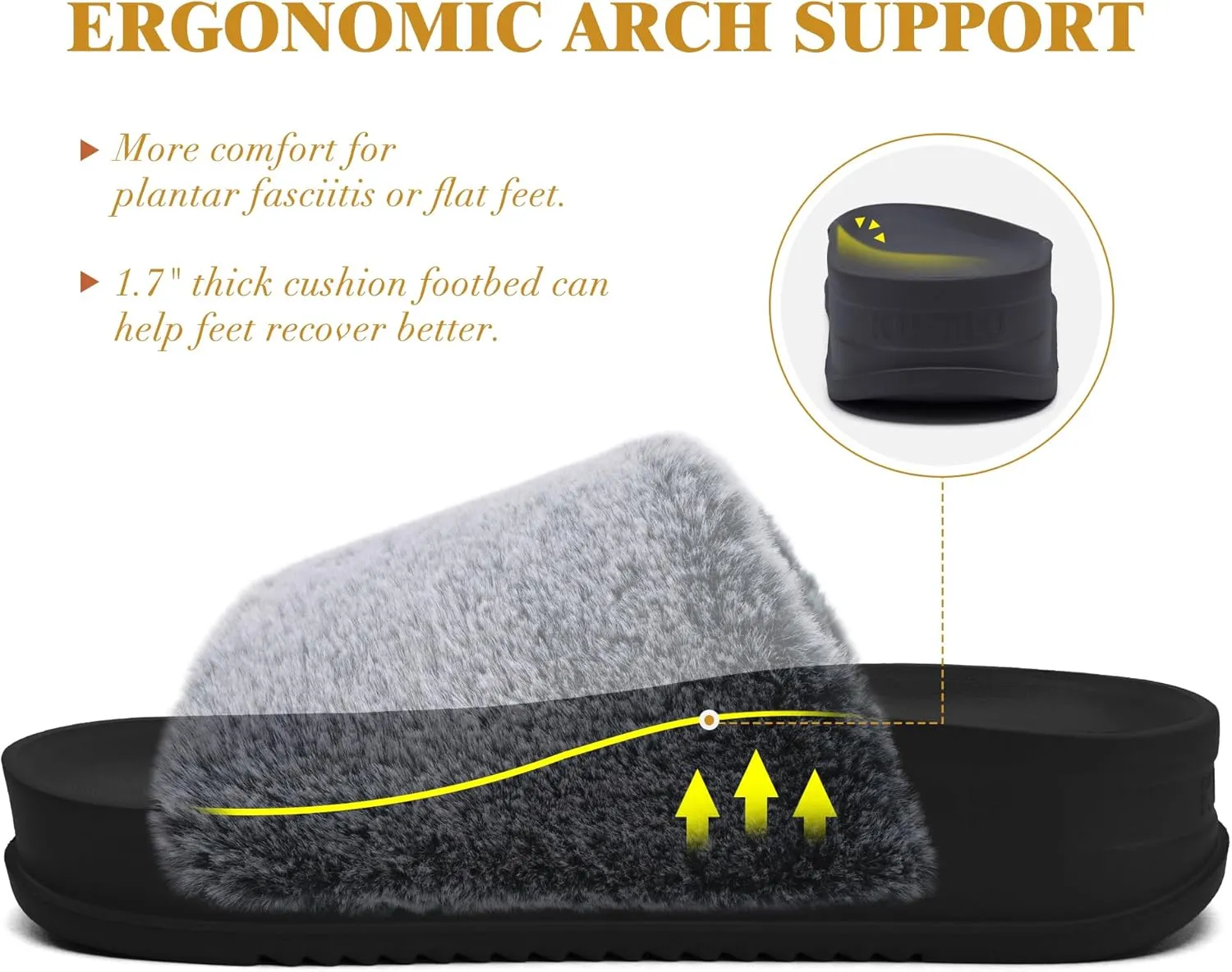 KuaiLu Women's Orthotic Slippers With Arch Support Soft Cushion Sandal Slippers for Woman Ladies Fashion Open Toe Faux Fur Platform Slipper Indoor Outdoor Size 6~12