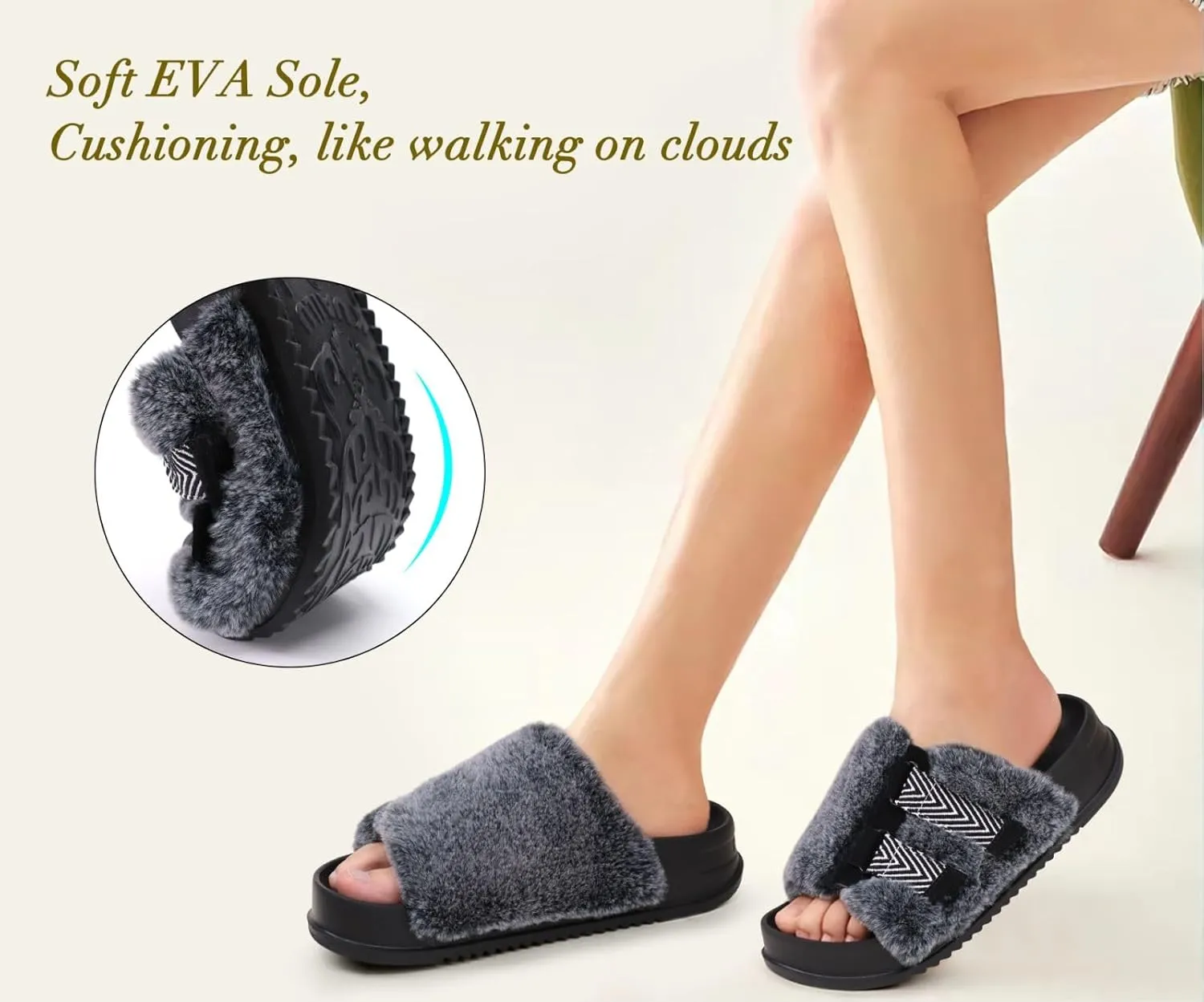 KuaiLu Women's Orthotic Slippers With Arch Support Soft Cushion Sandal Slippers for Woman Ladies Fashion Open Toe Faux Fur Platform Slipper Indoor Outdoor Size 6~12