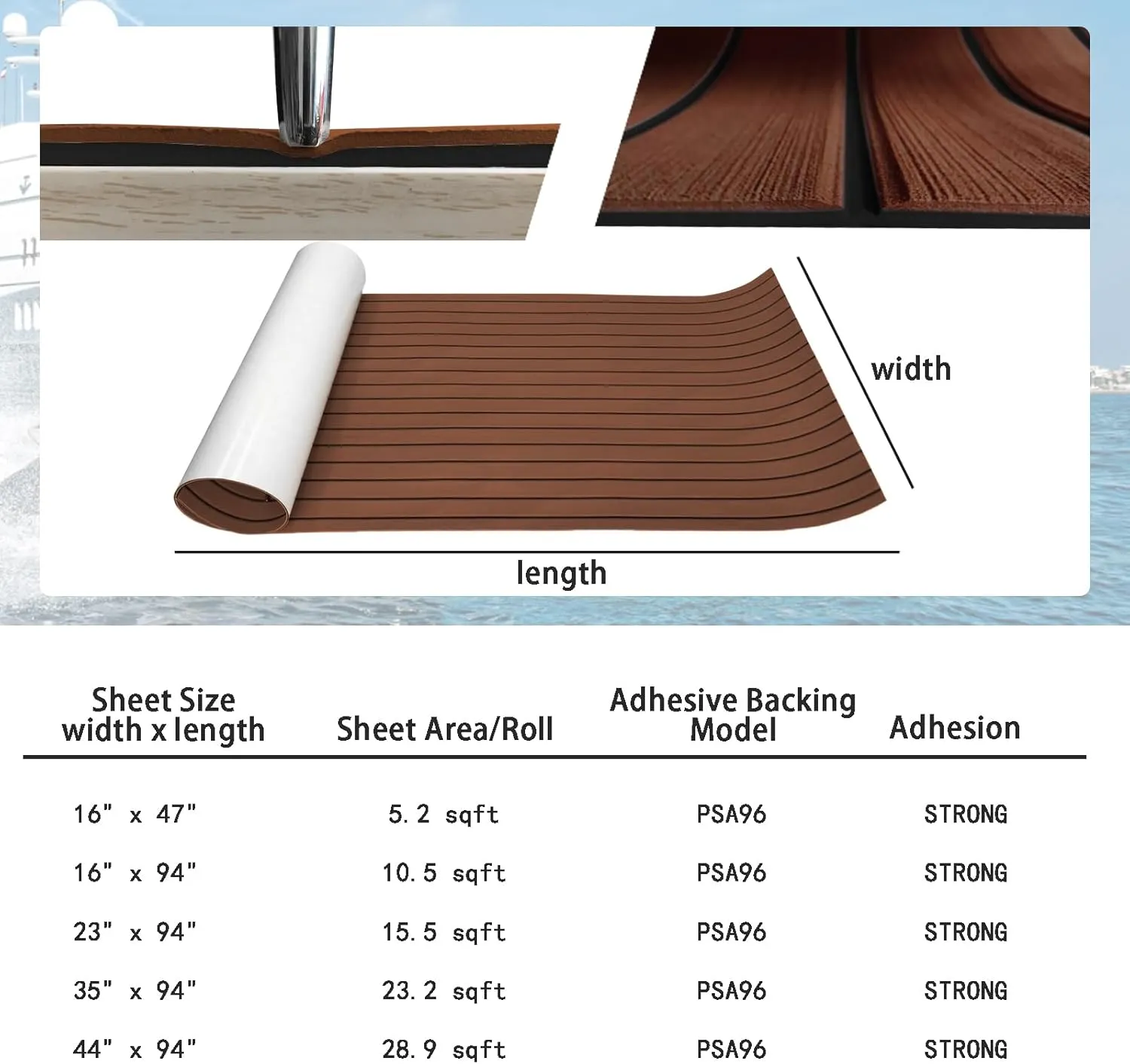 KXKZREN Boat Flooring EVA Foam Decking Sheet Faux Teak Marine Mat Marine Carpet Cooler Tops Non-Slip Self-Adhesive Flooring for Motorboat RV Yacht Kayak Swim Platform 94" x 47"/44"/35"/23"/16"
