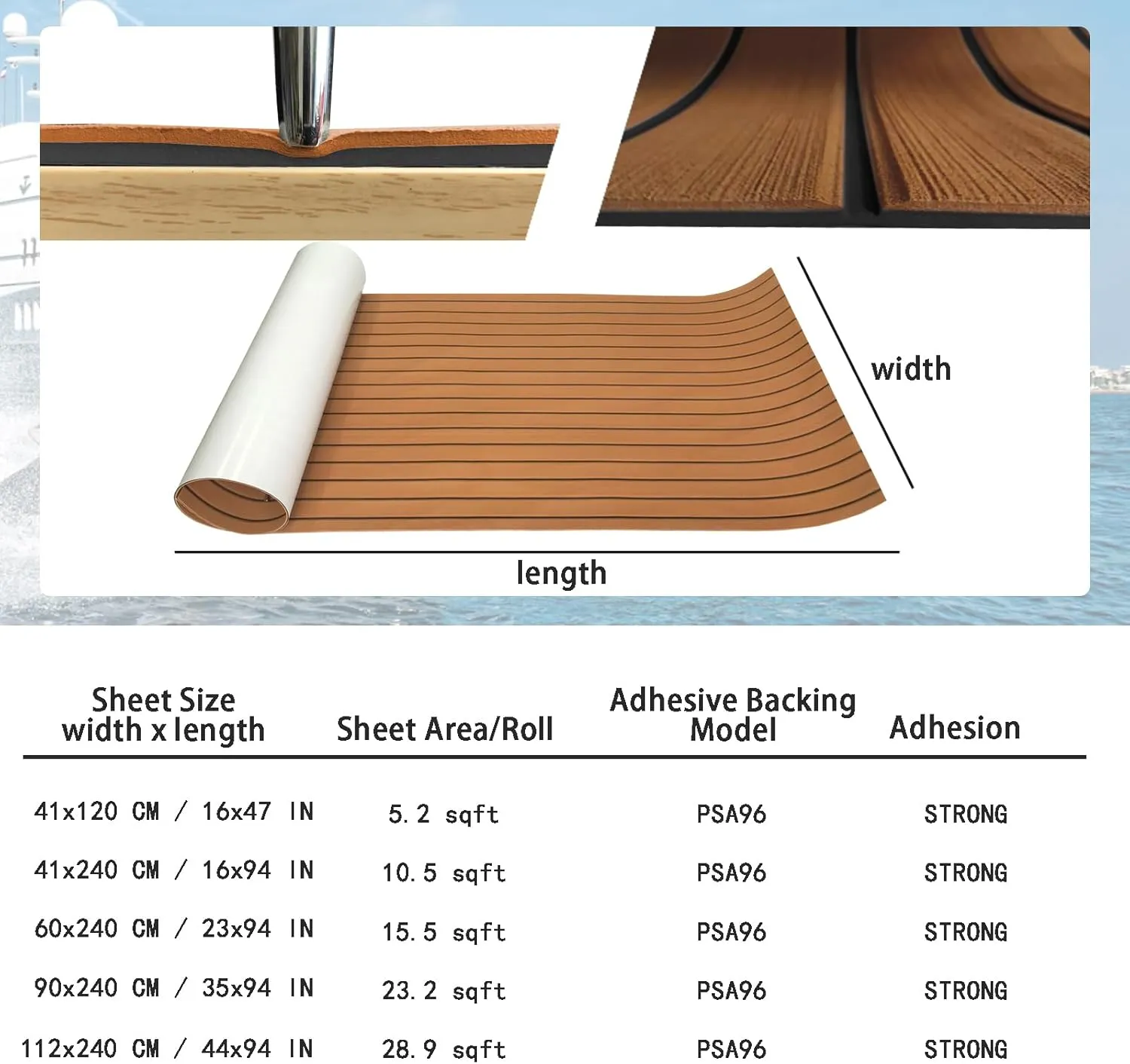 KXKZREN Boat Flooring EVA Foam Decking Sheet Faux Teak Marine Mat Marine Carpet Cooler Tops Non-Slip Self-Adhesive Flooring for Motorboat RV Yacht Kayak Swim Platform 94" x 47"/44"/35"/23"/16"