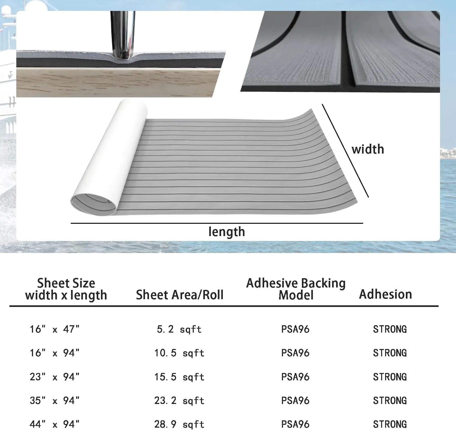 KXKZREN Boat Flooring EVA Foam Decking Sheet Faux Teak Marine Mat Marine Carpet Cooler Tops Non-Slip Self-Adhesive Flooring for Motorboat RV Yacht Kayak Swim Platform 94" x 47"/44"/35"/23"/16"