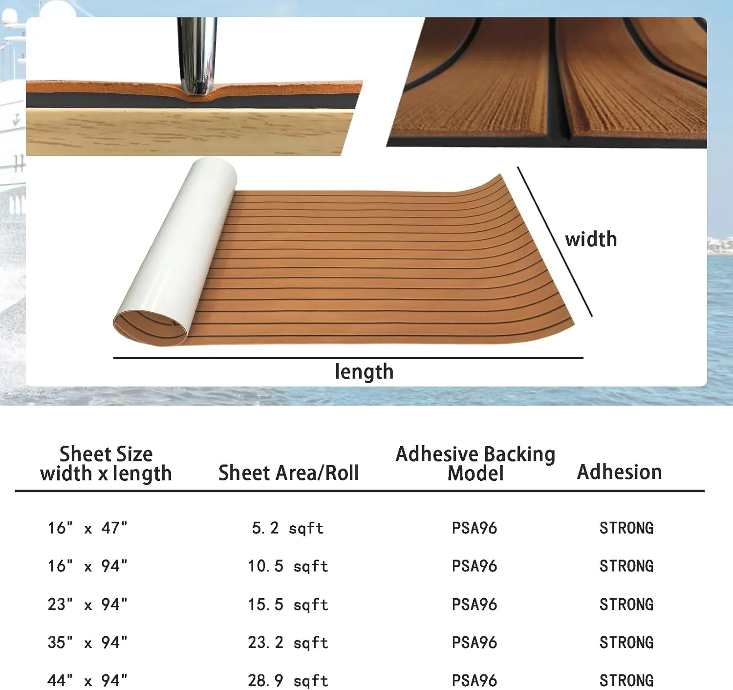 KXKZREN Boat Flooring EVA Foam Decking Sheet Faux Teak Marine Mat Marine Carpet Cooler Tops Non-Slip Self-Adhesive Flooring for Motorboat RV Yacht Kayak Swim Platform 94" x 47"/44"/35"/23"/16"