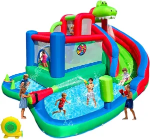 Large Dinosaur Inflatable Bounce House with Water Slide for Kids, Bouncy Castle, Splash Pool, Basketball Hoop, Climbing Wall, Air Blower, Outdoor Backyard Fun