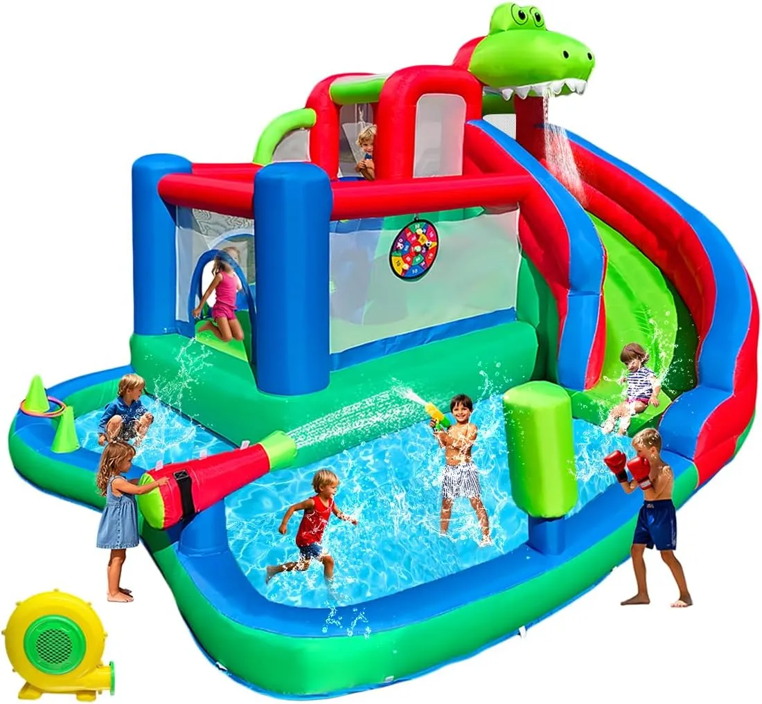 Large Dinosaur Inflatable Bounce House with Water Slide for Kids, Bouncy Castle, Splash Pool, Basketball Hoop, Climbing Wall, Air Blower, Outdoor Backyard Fun