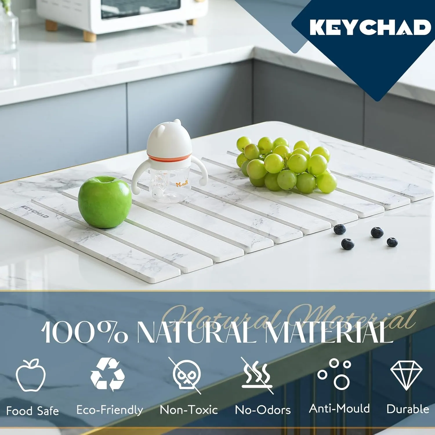 Large Stone Drying Mat for Kitchen Counter - 24x16 Quick Drying Collapsible Dish Drying Mat - Super Absorbent Diatomaceous Earth Mat - Stone Dish Drying Mat for Cups Dishes (White Marble)