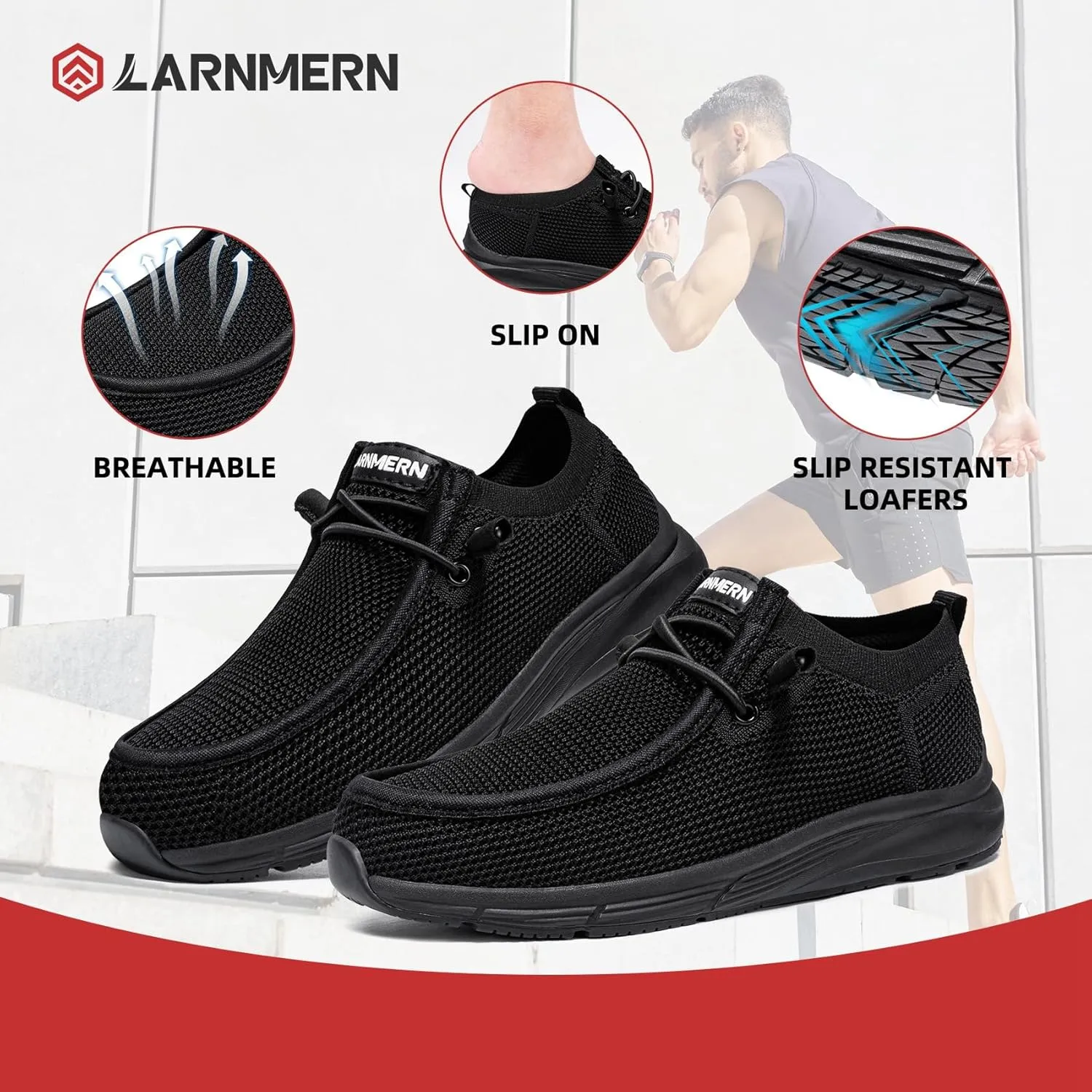 LARNMERN Non Slip Shoes Work Slip On Food Service Slip Resistant Shoe Kitchen Chef Loafers Boat Canvas Casual Walking Black