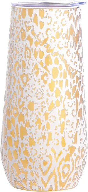 Lilly Pulitzer 10 Oz Stemless Champagne Flute, Small Stainless Steel Tumbler with Lid, Double Wall Insulated Metal Cup, Pattern Play (Gold)