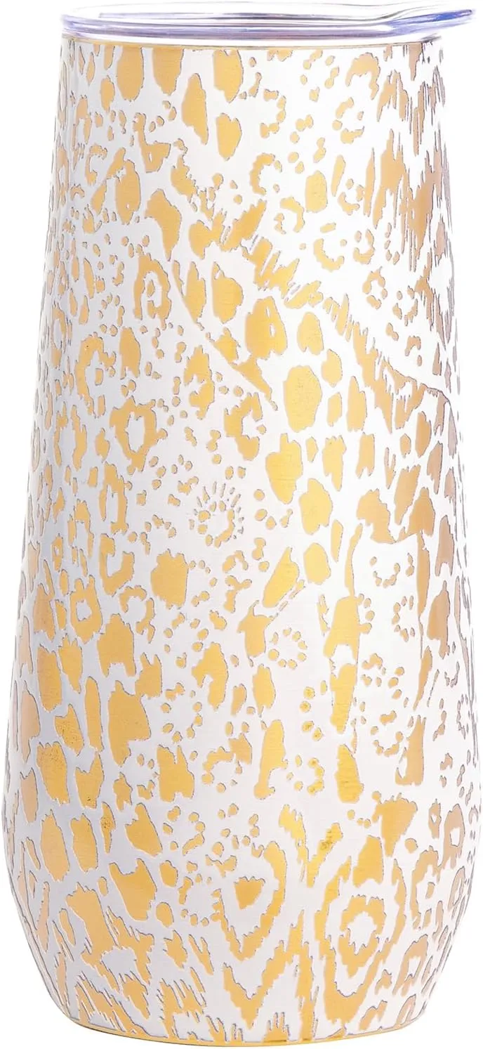 Lilly Pulitzer 10 Oz Stemless Champagne Flute, Small Stainless Steel Tumbler with Lid, Double Wall Insulated Metal Cup, Pattern Play (Gold)