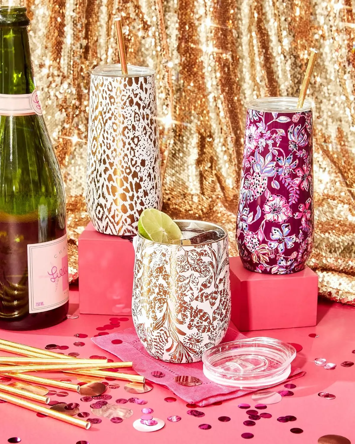 Lilly Pulitzer 10 Oz Stemless Champagne Flute, Small Stainless Steel Tumbler with Lid, Double Wall Insulated Metal Cup, Pattern Play (Gold)