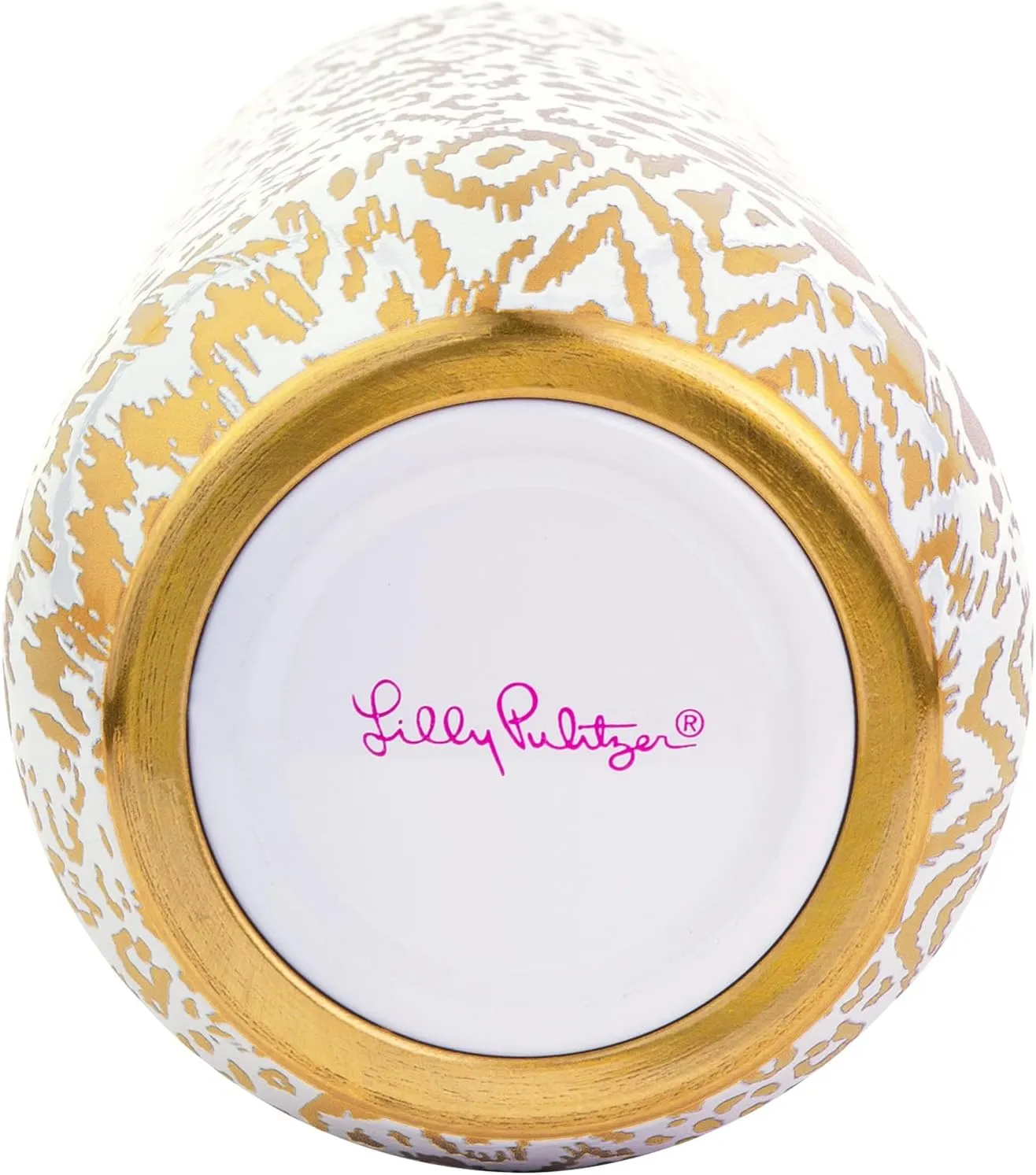 Lilly Pulitzer 10 Oz Stemless Champagne Flute, Small Stainless Steel Tumbler with Lid, Double Wall Insulated Metal Cup, Pattern Play (Gold)