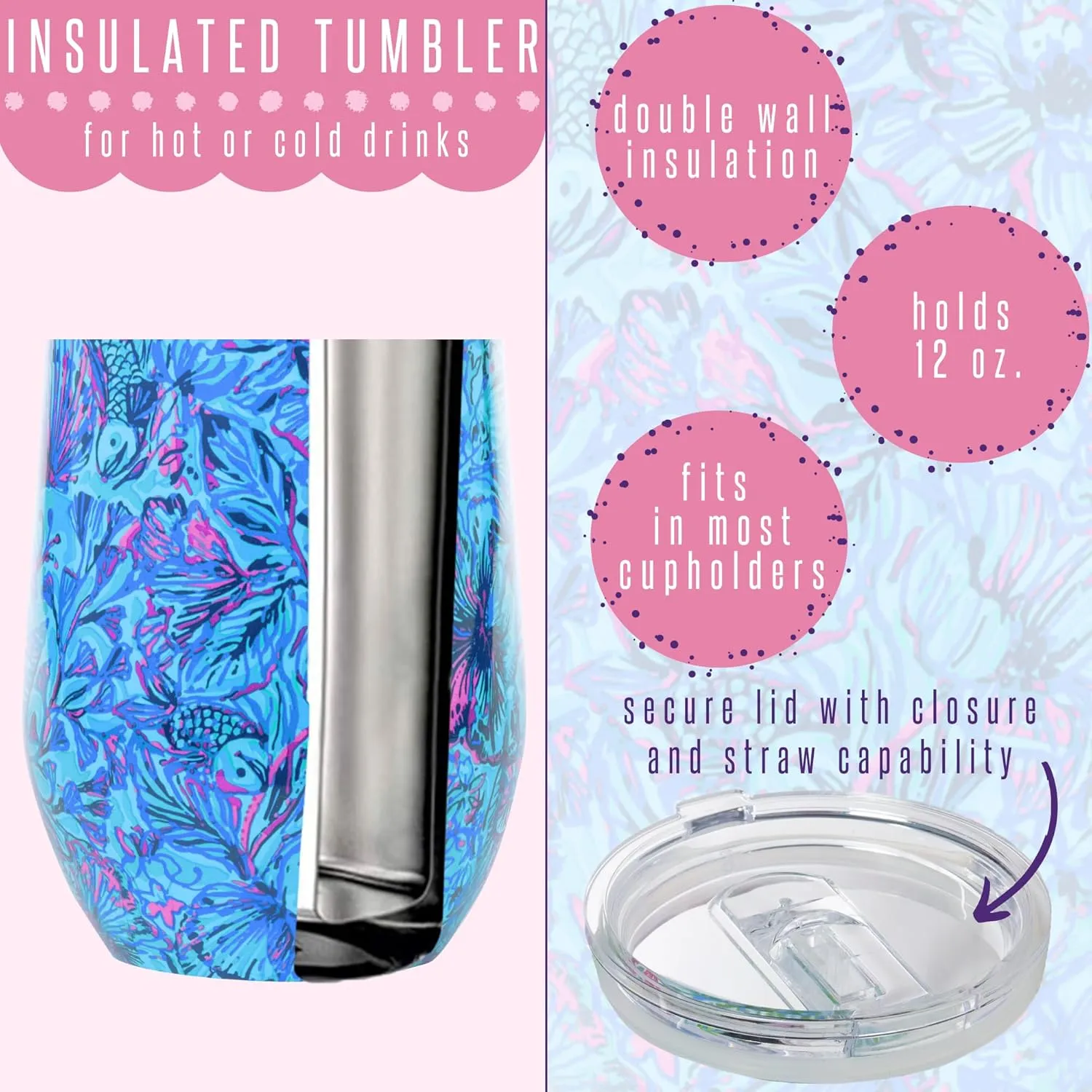 Lilly Pulitzer 12oz Insulated Tumbler with Lid, Stainless Steel Travel Wine Glass, Double Wall Metal Cup (Shells n Bells)