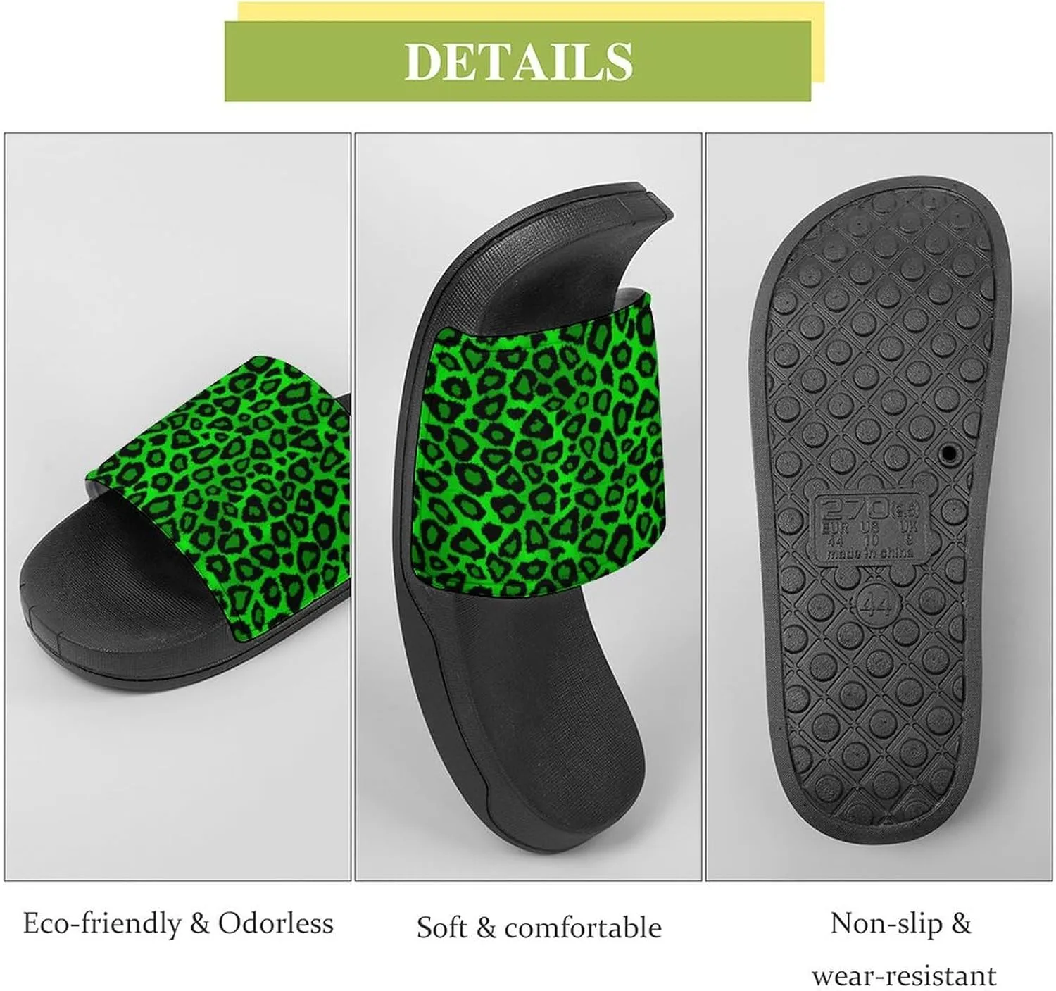Lime Green Leopard Animal Skin Print Womens Slide Sandals Non Slip Summer House Slippers for Girls Slip-on Flip Flops